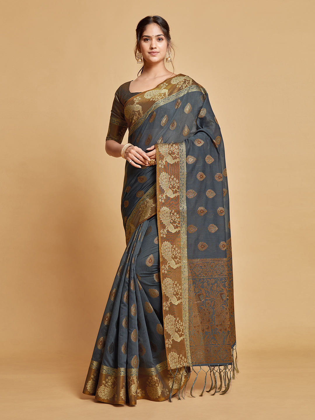 Vasudha Warm Grey Zari Woven Design Chanderi Cotton Saree
