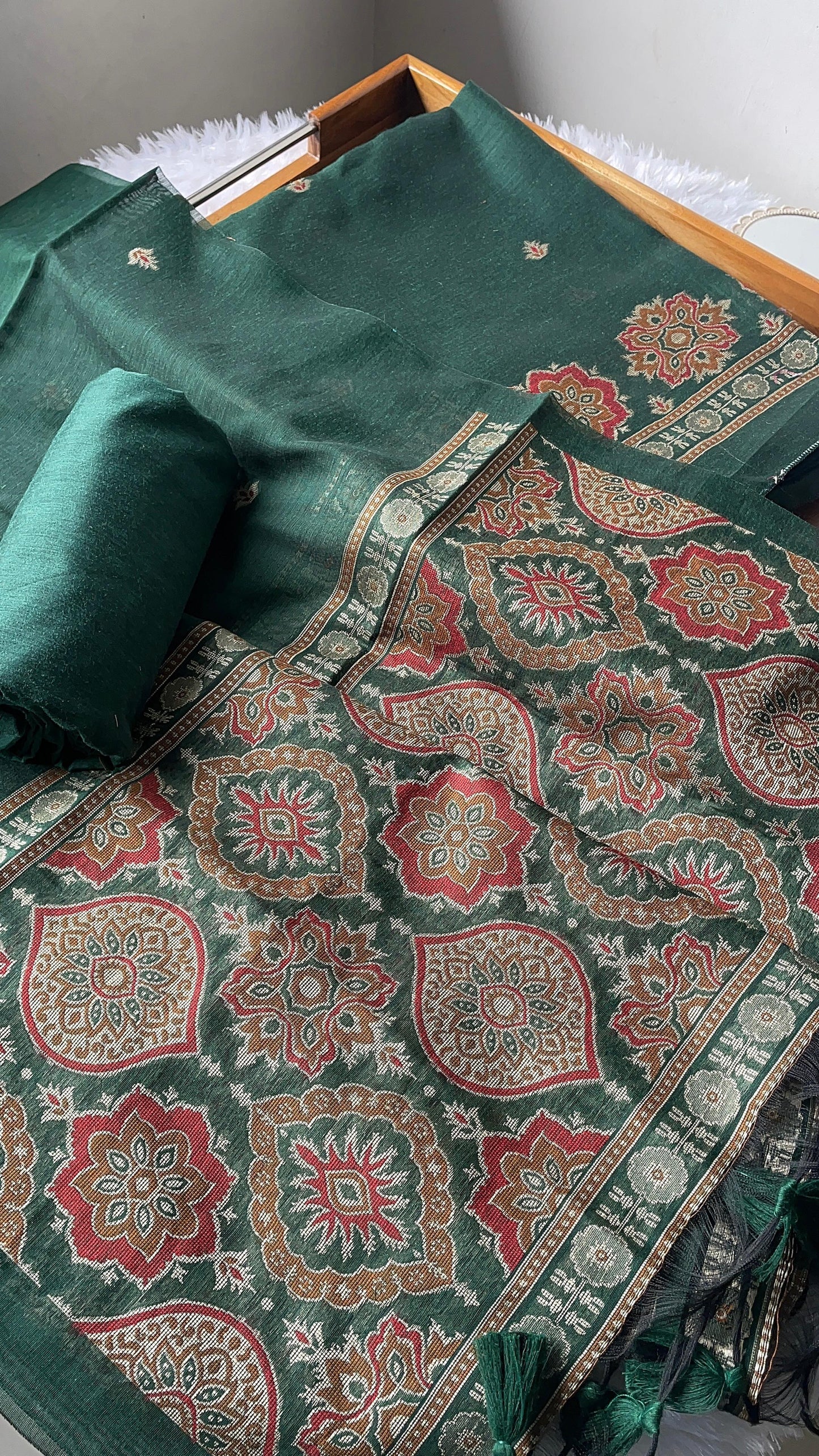 Raw & Radiant Dark Green Ajrakh Muga Cotton Unstitched Suit Set