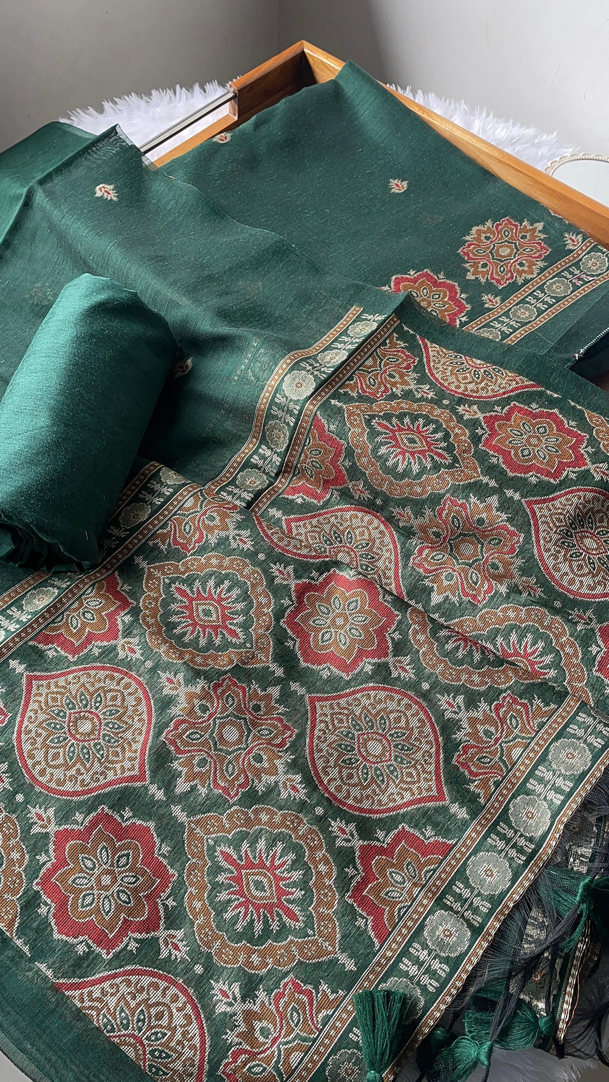Raw & Radiant Dark Green Ajrakh Muga Cotton Unstitched Suit Set