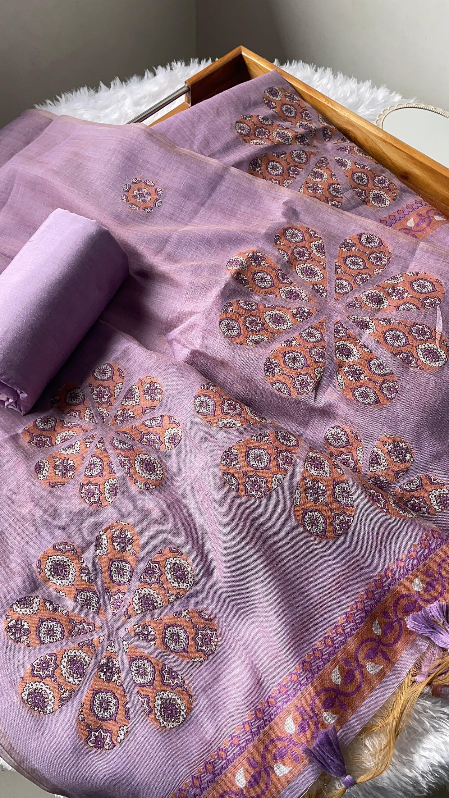 Purely Woven Lavender Muga Cotton Unstitched Suit Set