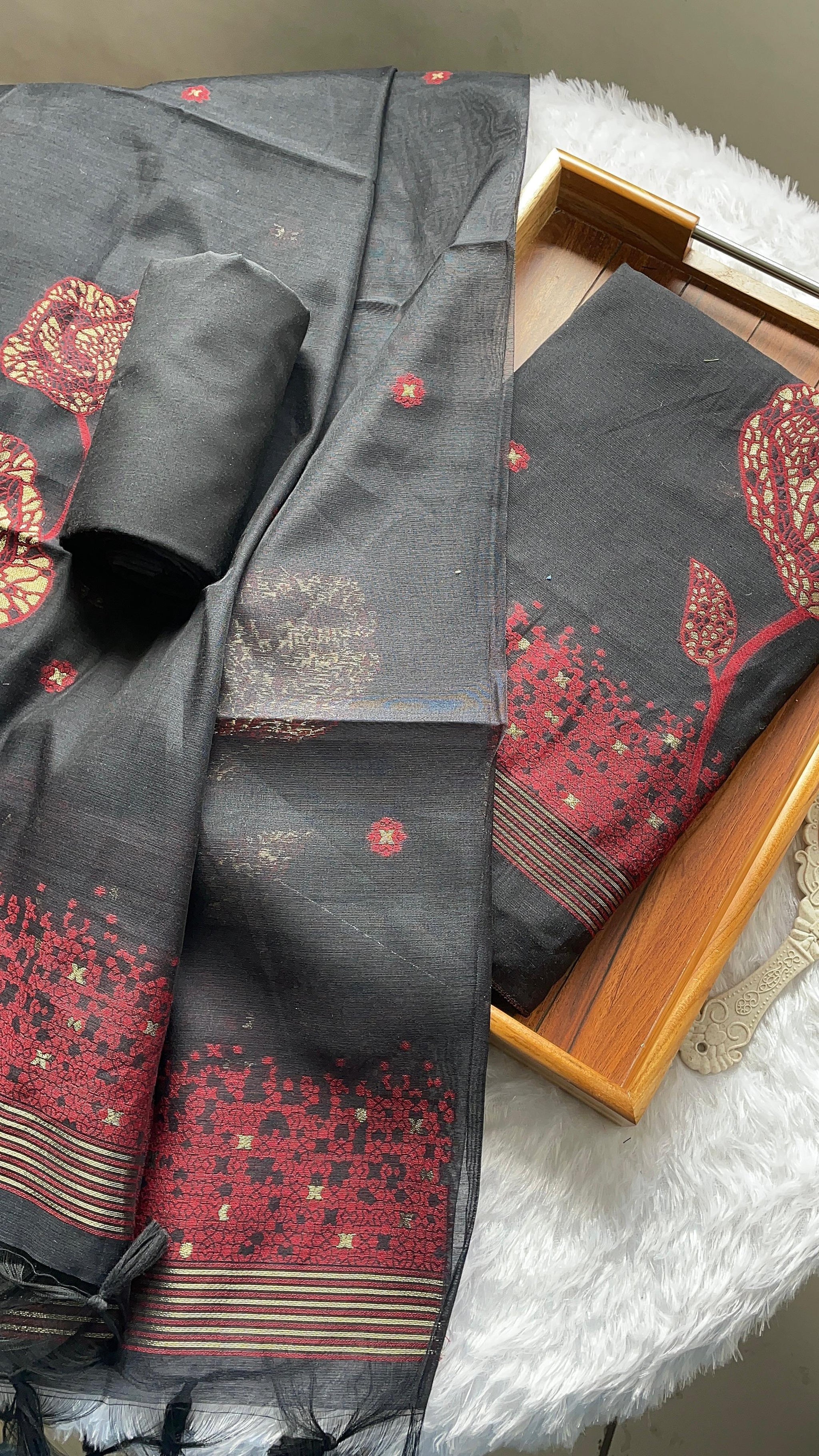 Solstice Black Muga Cotton Jamdani Unstitched Suit Set