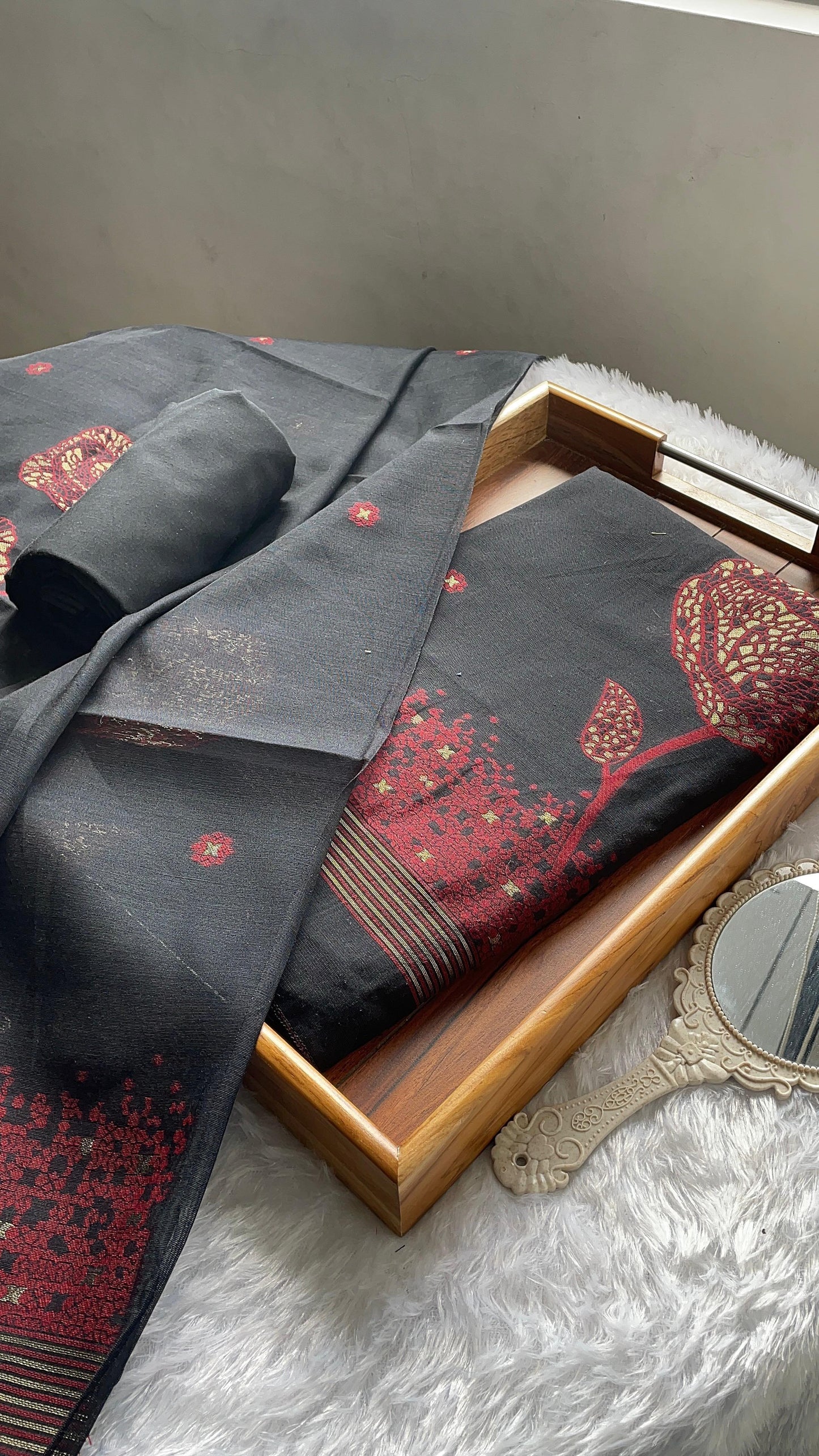 Solstice Black Muga Cotton Jamdani Unstitched Suit Set