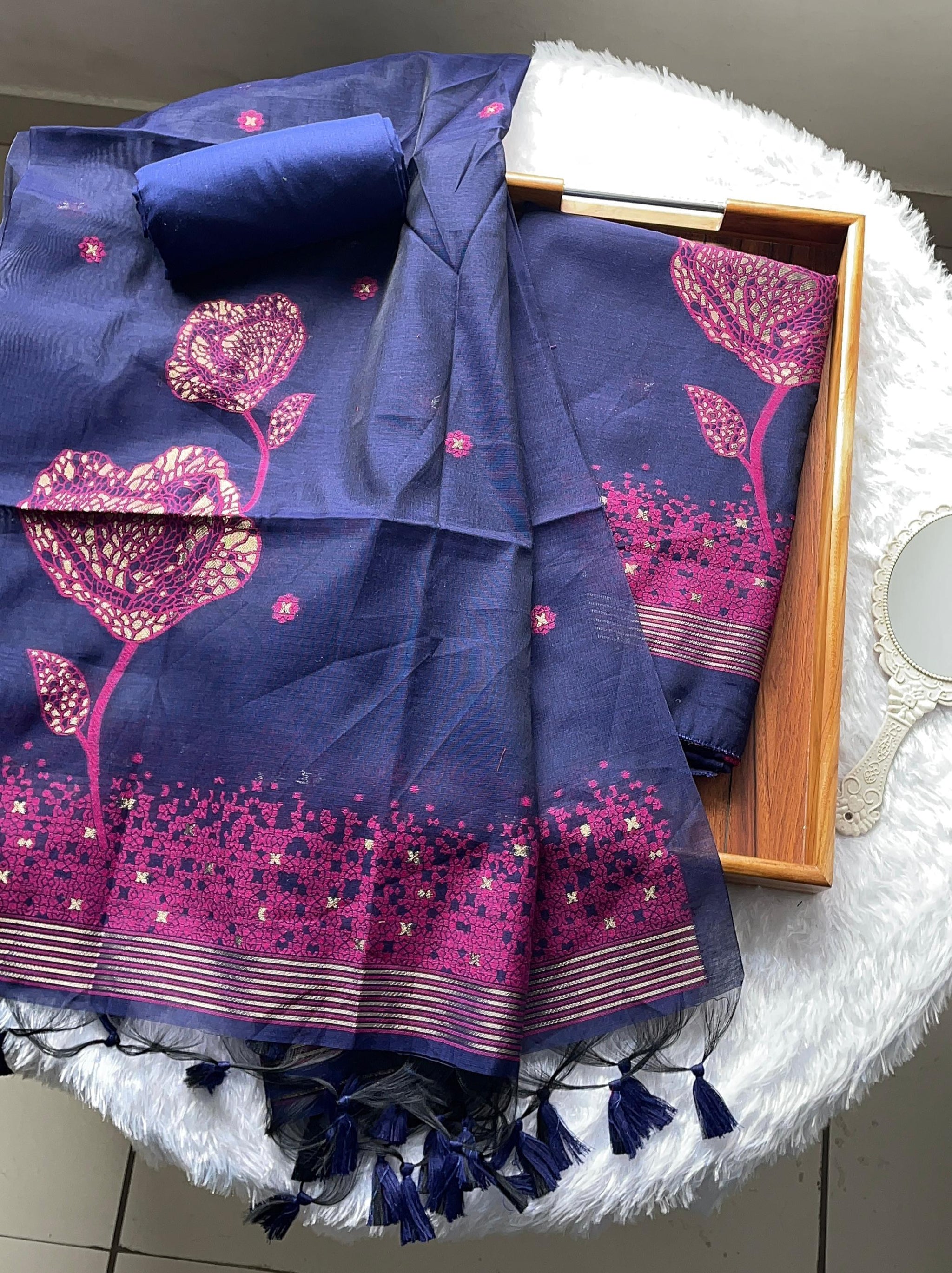 Solstice Navy Blue Muga Cotton Jamdani Unstitched Suit Set