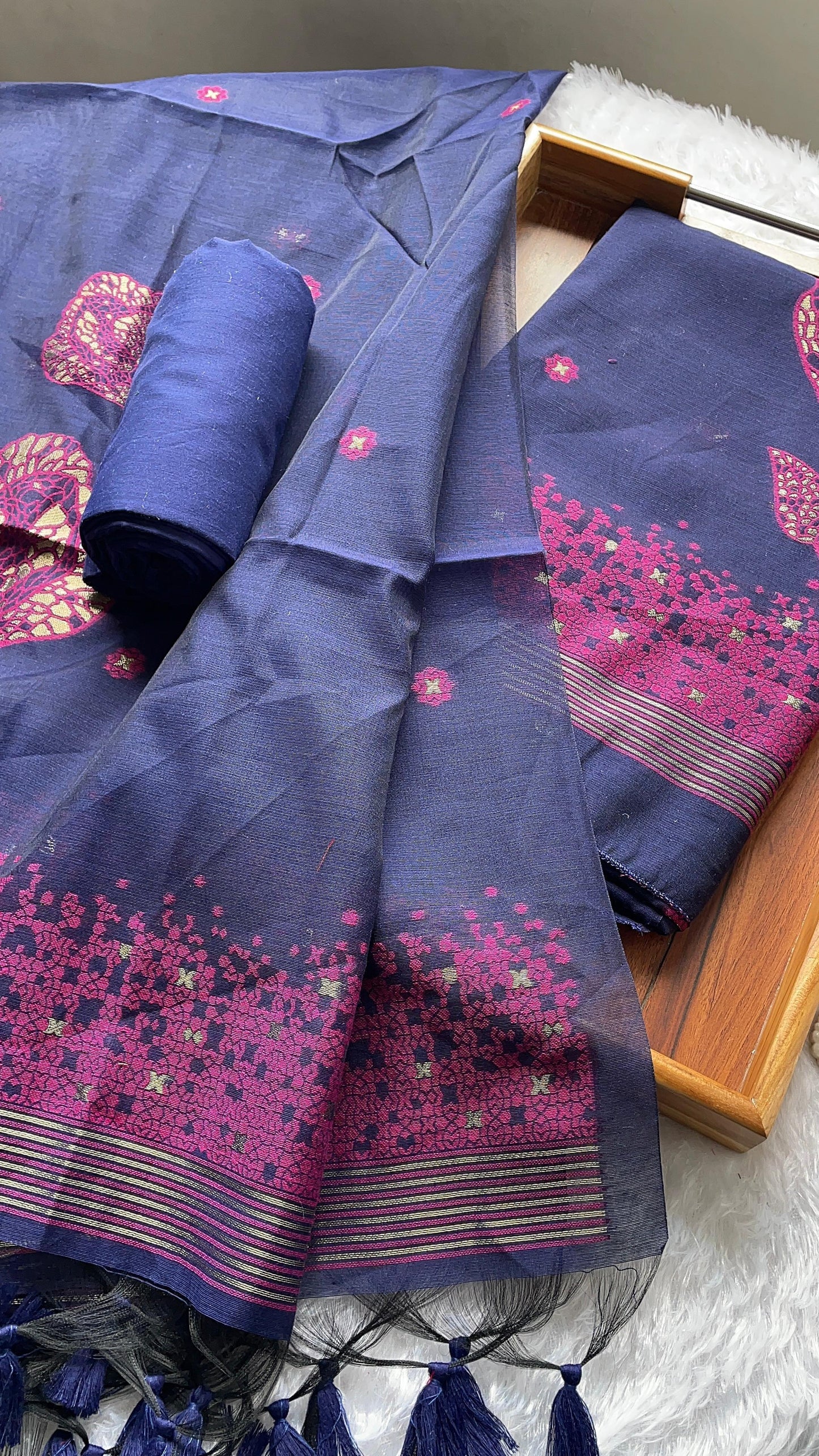 Solstice Navy Blue Muga Cotton Jamdani Unstitched Suit Set
