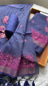 Solstice Navy Blue Muga Cotton Jamdani Unstitched Suit Set