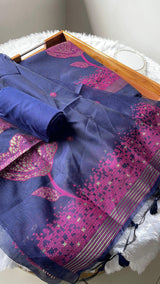 Solstice Navy Blue Muga Cotton Jamdani Unstitched Suit Set