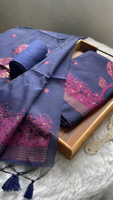 Solstice Navy Blue Muga Cotton Jamdani Unstitched Suit Set