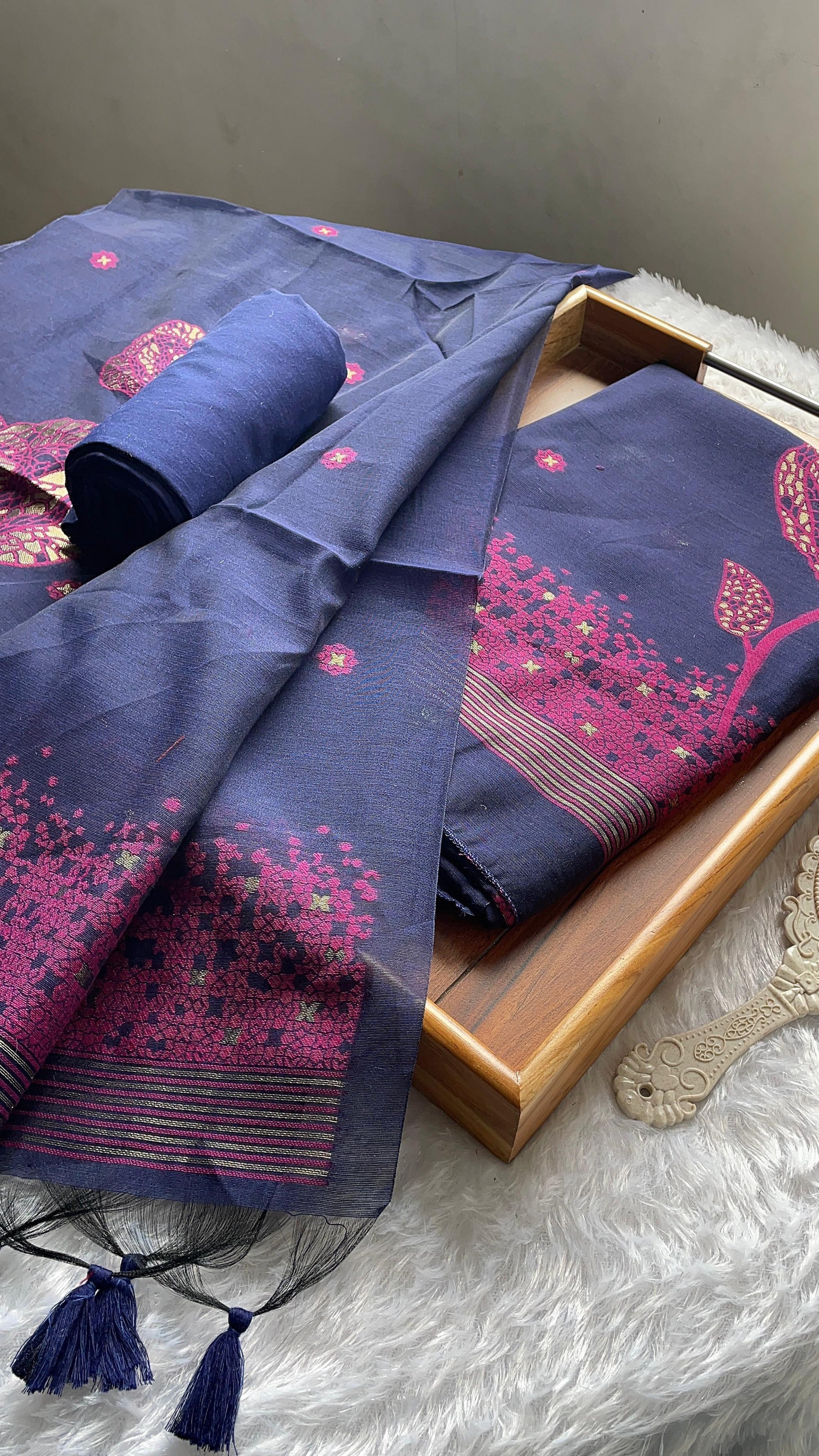 Solstice Navy Blue Muga Cotton Jamdani Unstitched Suit Set