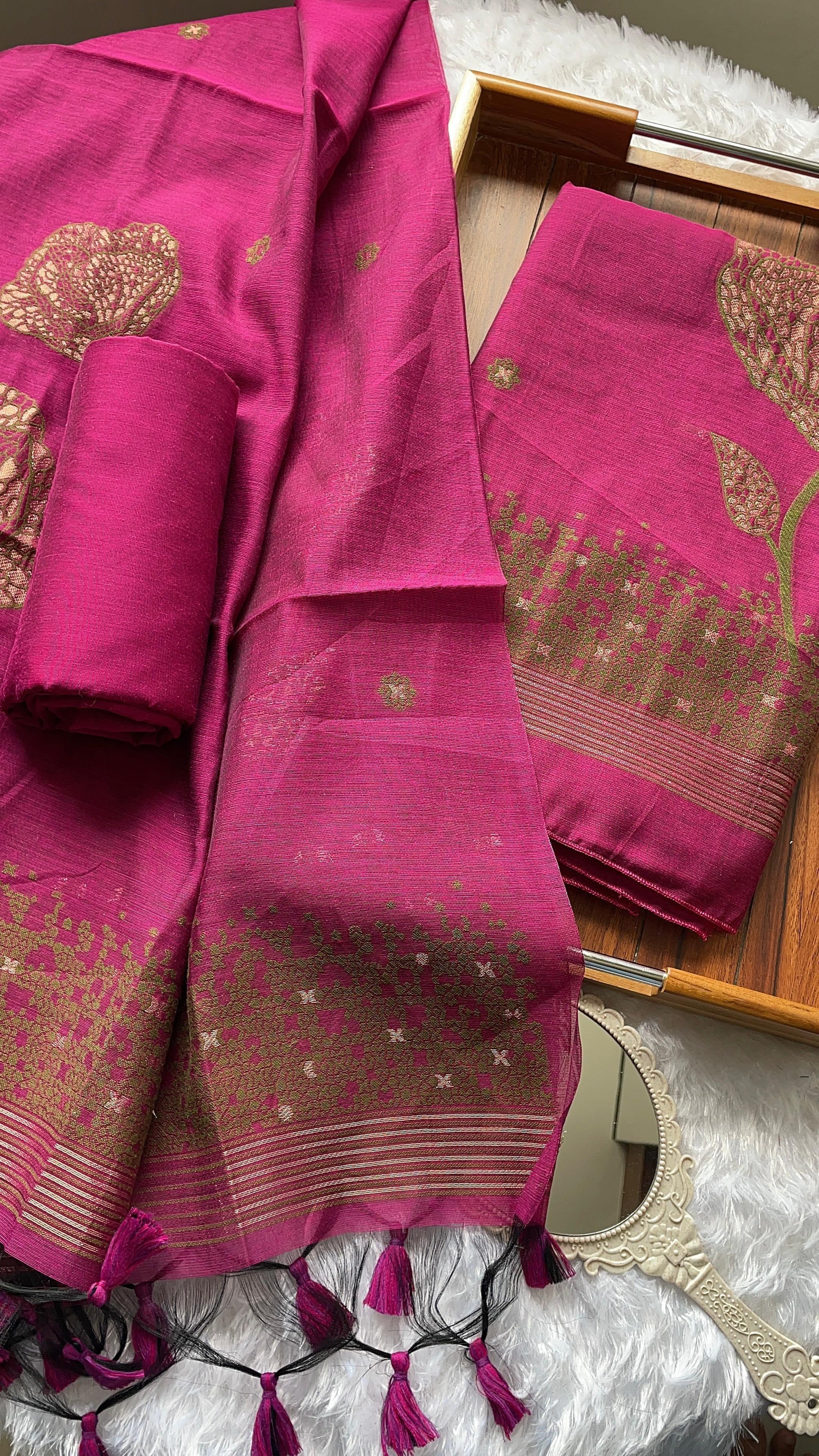 Solstice Pink Muga Cotton Jamdani Unstitched Suit Set