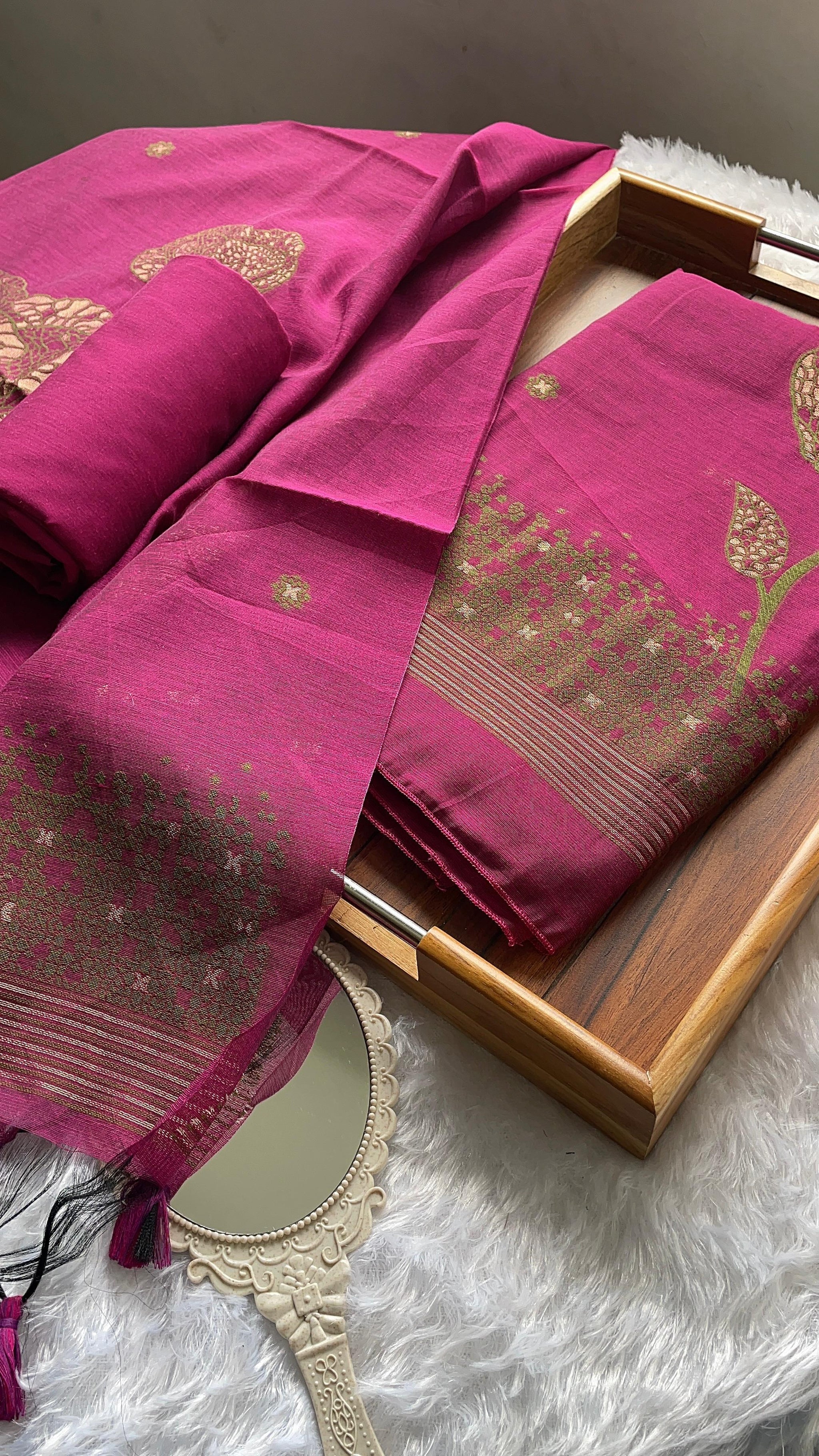 Solstice Pink Muga Cotton Jamdani Unstitched Suit Set
