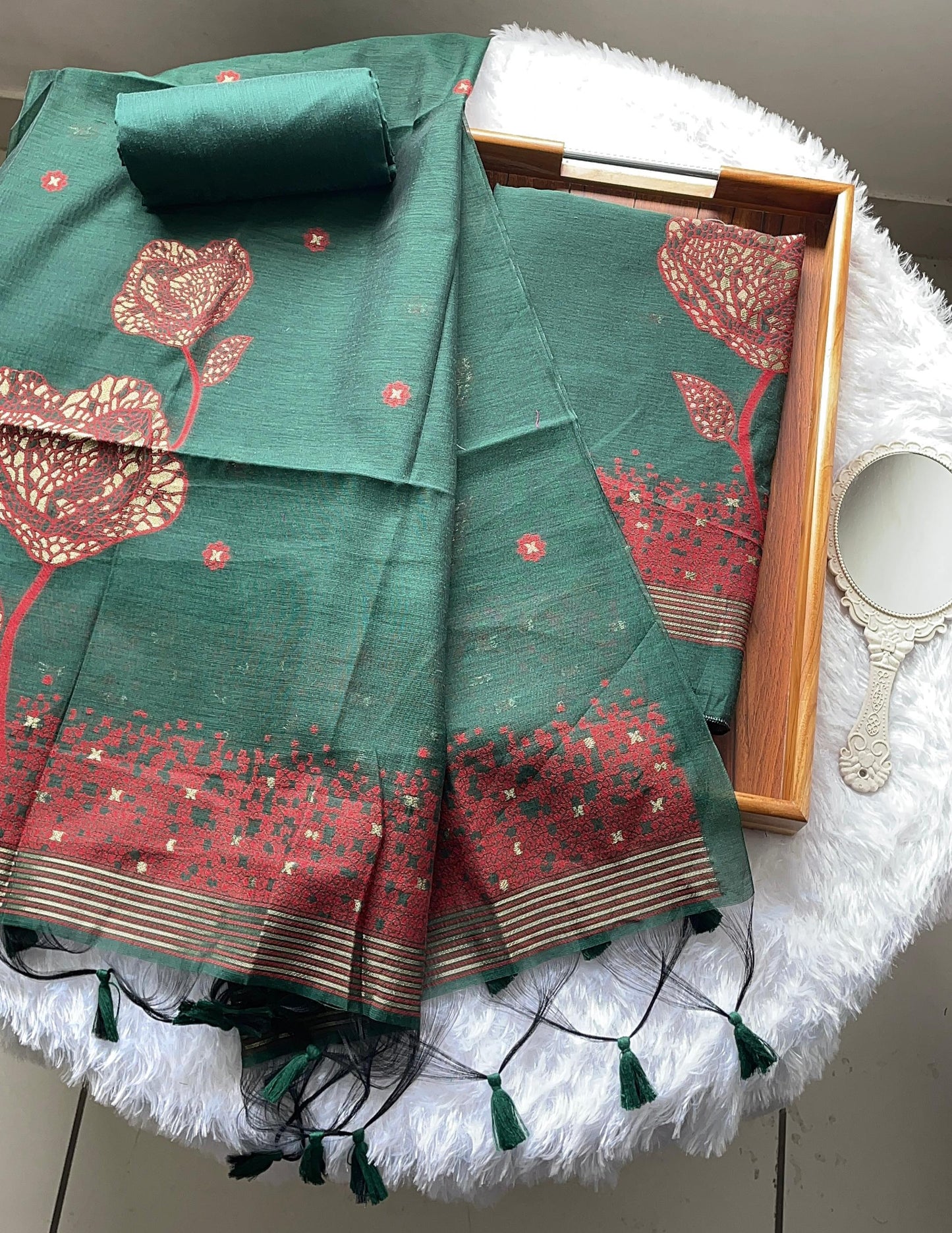 Solstice Green Muga Cotton Jamdani Unstitched Suit Set