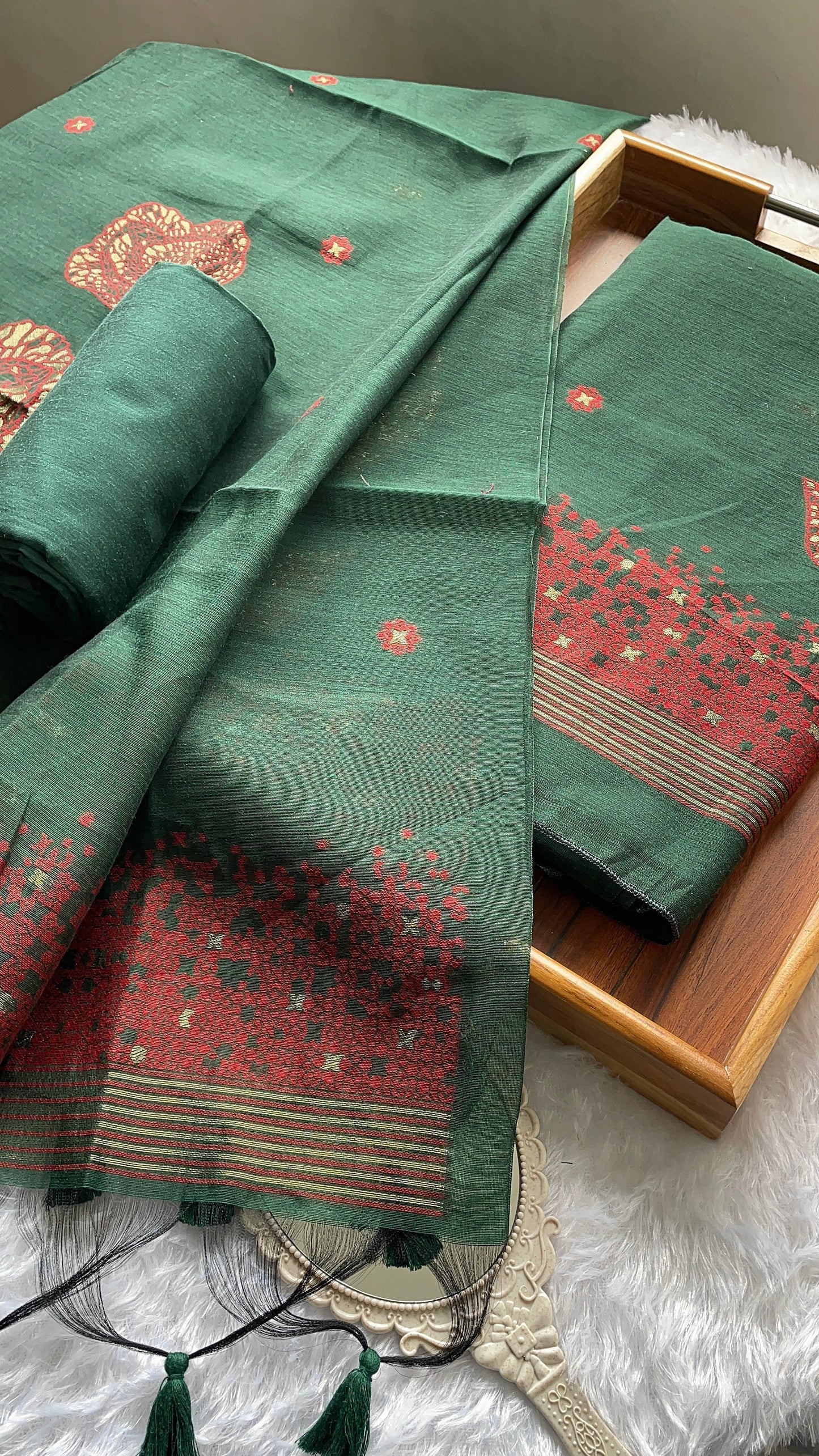 Solstice Green Muga Cotton Jamdani Unstitched Suit Set