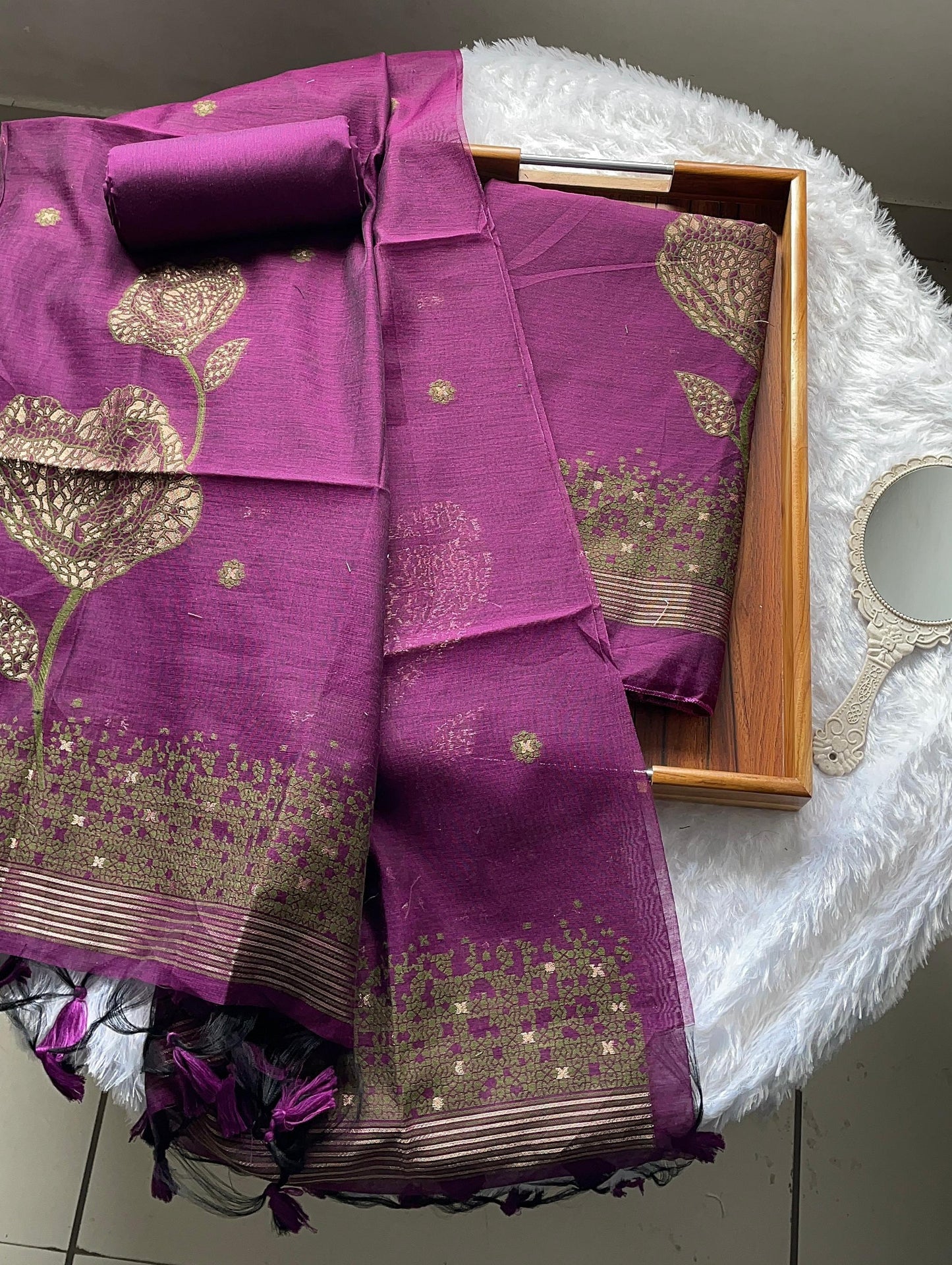 Solstice Wine Muga Cotton Jamdani Unstitched Suit Set