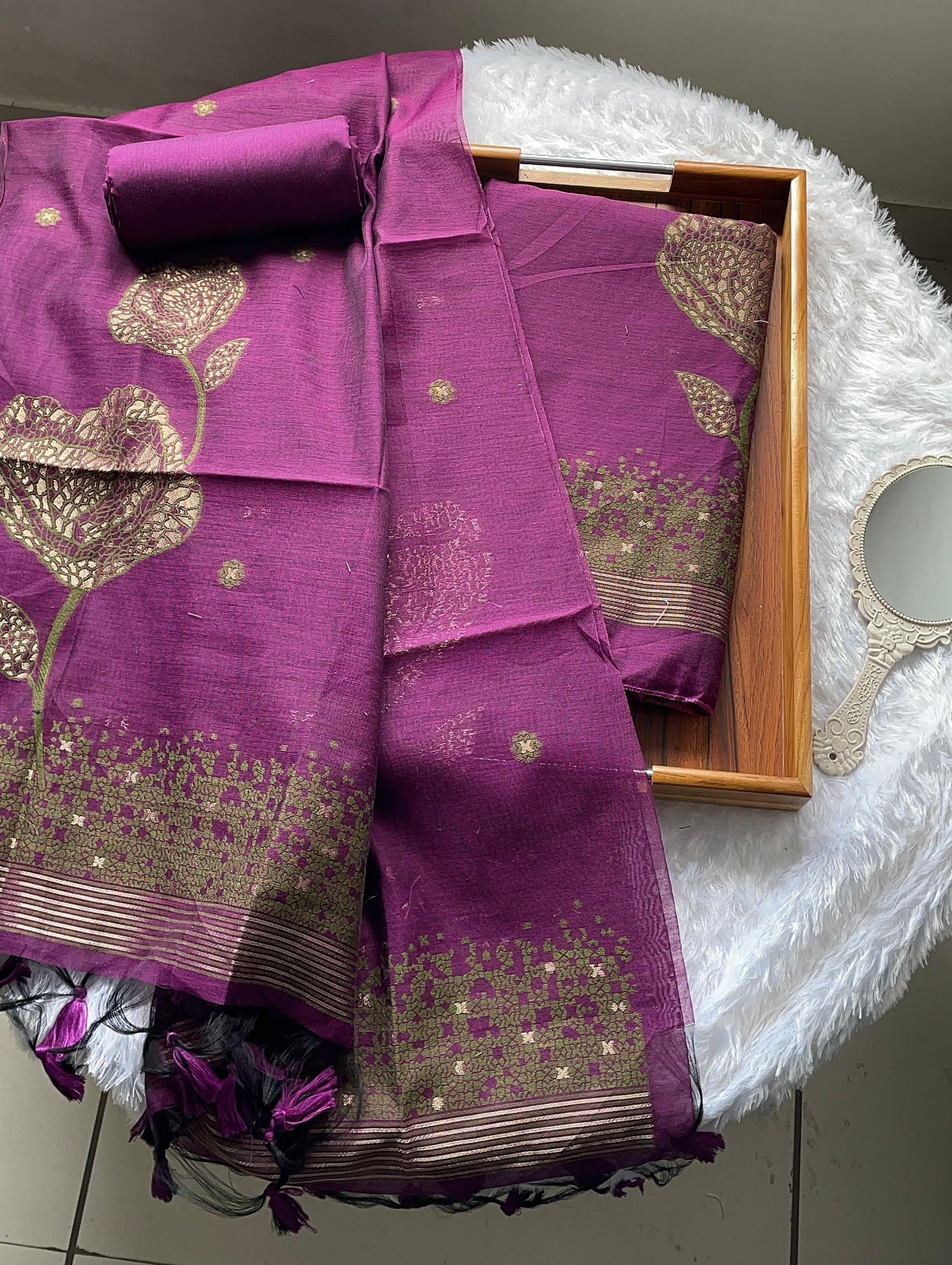 Solstice Wine Muga Cotton Jamdani Unstitched Suit Set