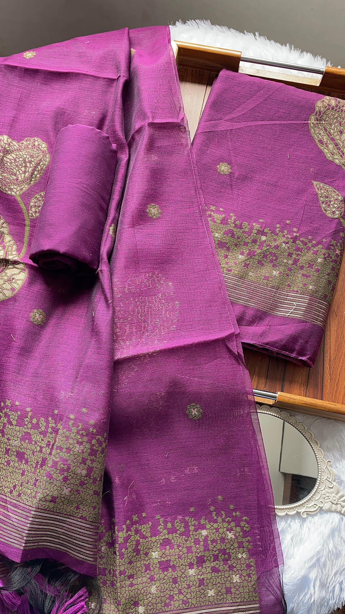 Solstice Wine Muga Cotton Jamdani Unstitched Suit Set
