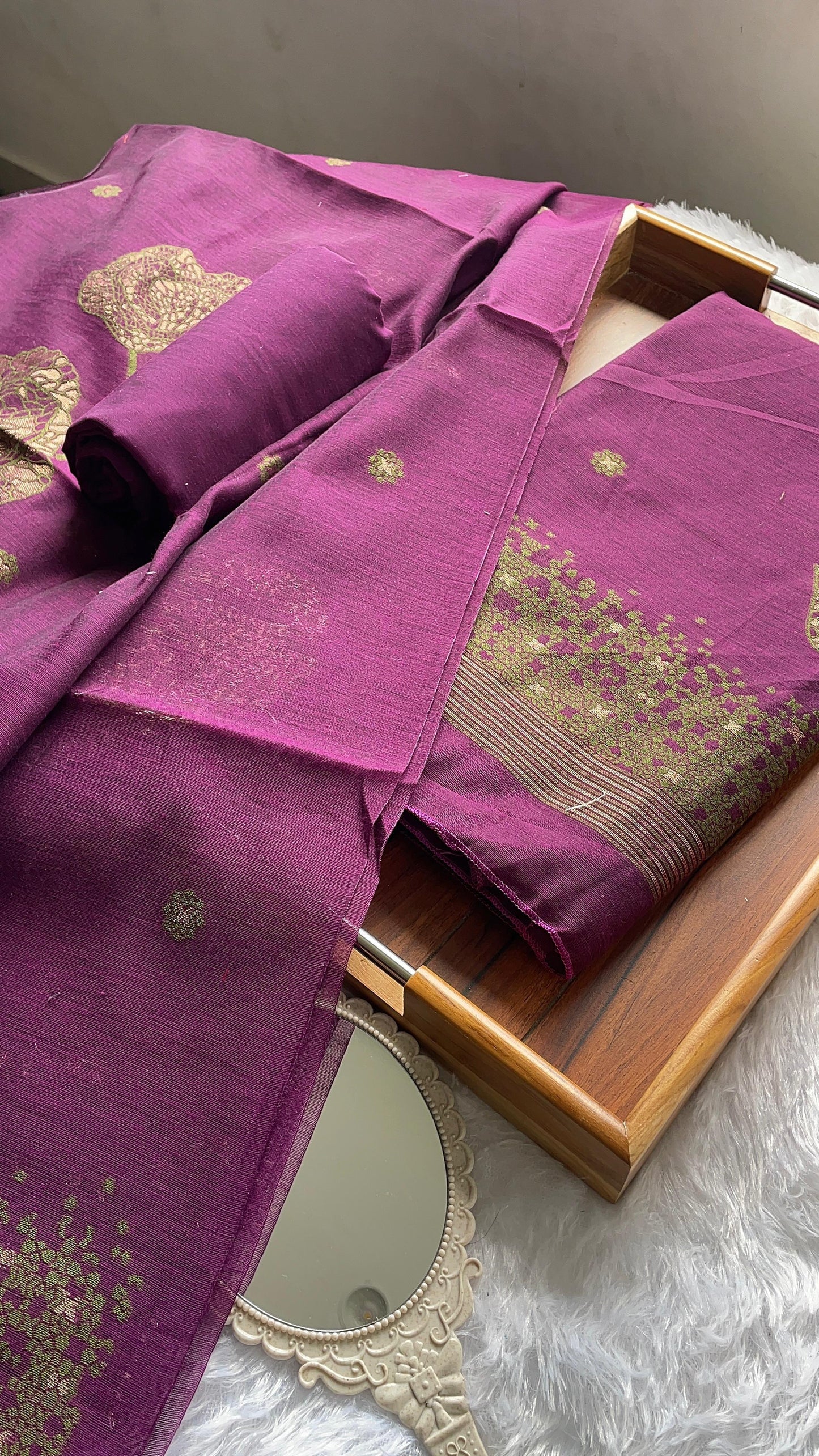 Solstice Wine Muga Cotton Jamdani Unstitched Suit Set
