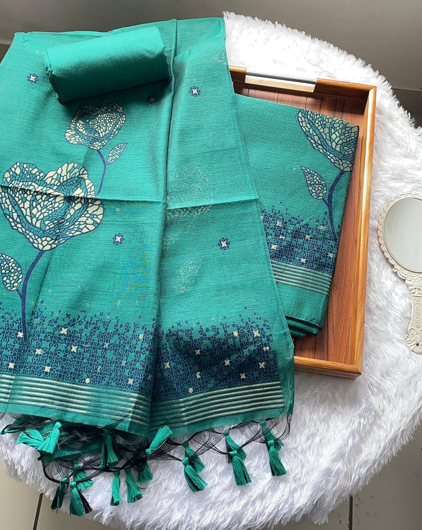 Solstice Teal Muga Cotton Jamdani Unstitched Suit Set