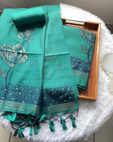 Solstice Teal Muga Cotton Jamdani Unstitched Suit Set