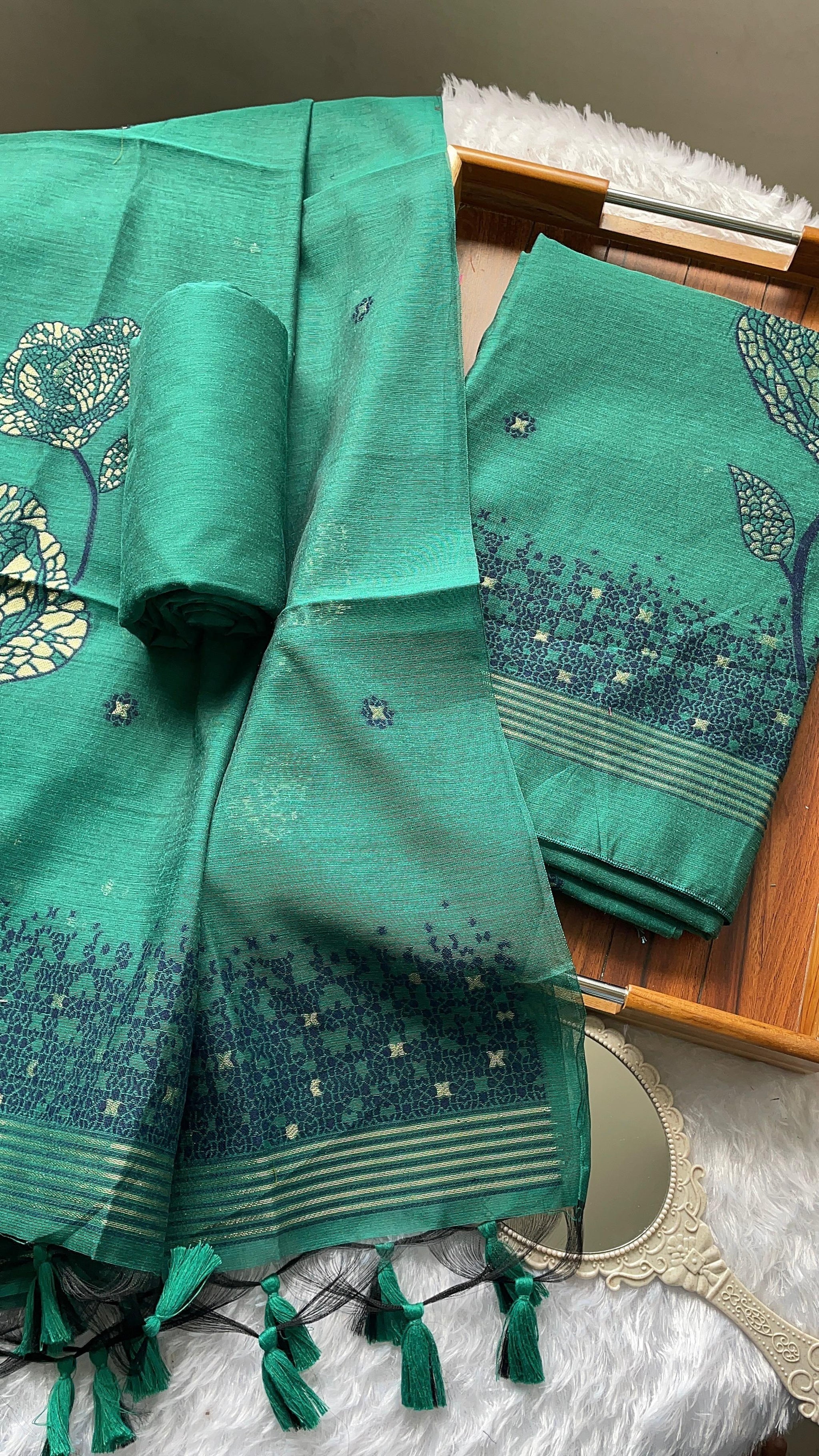 Solstice Teal Muga Cotton Jamdani Unstitched Suit Set