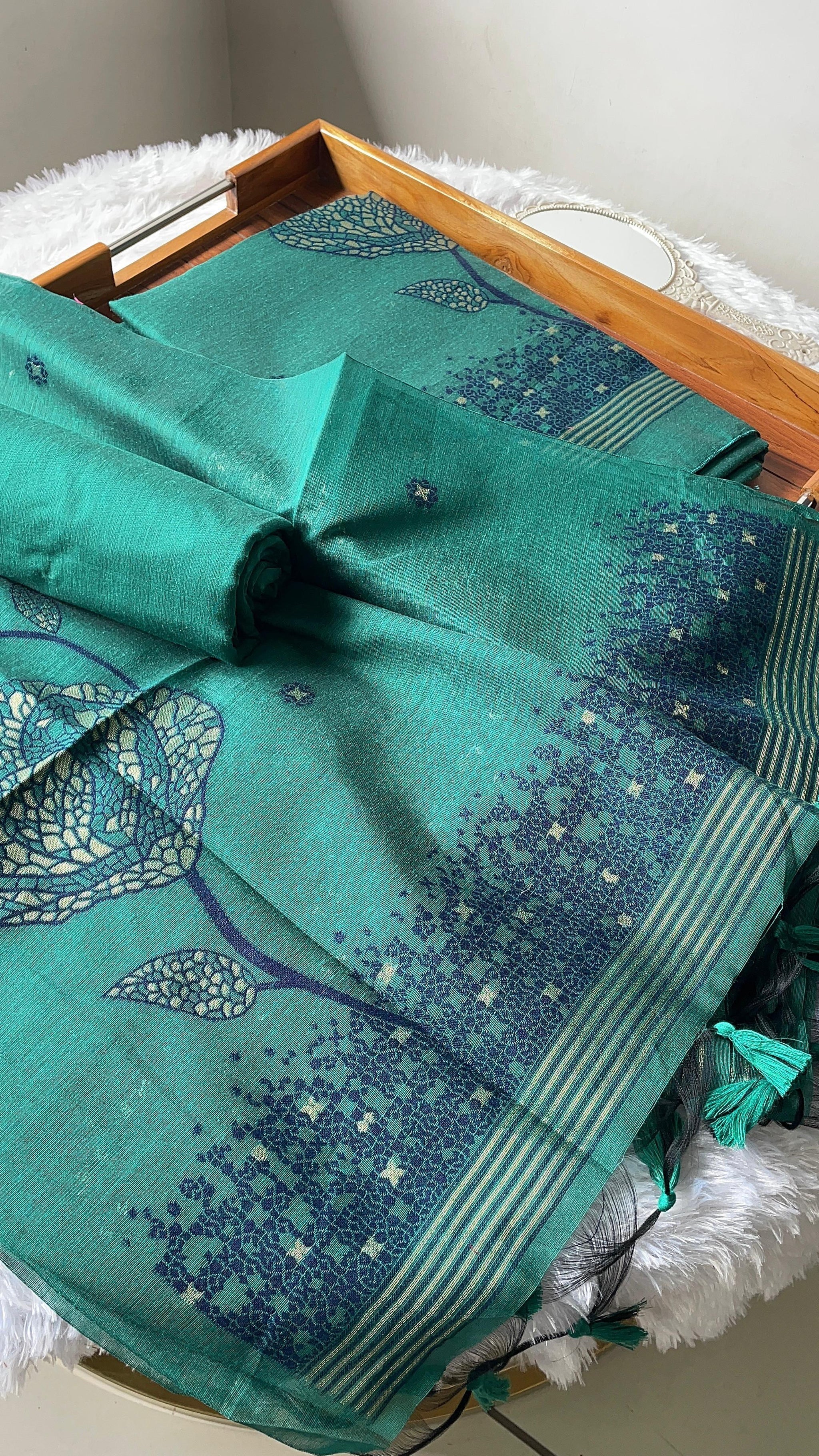 Solstice Teal Muga Cotton Jamdani Unstitched Suit Set