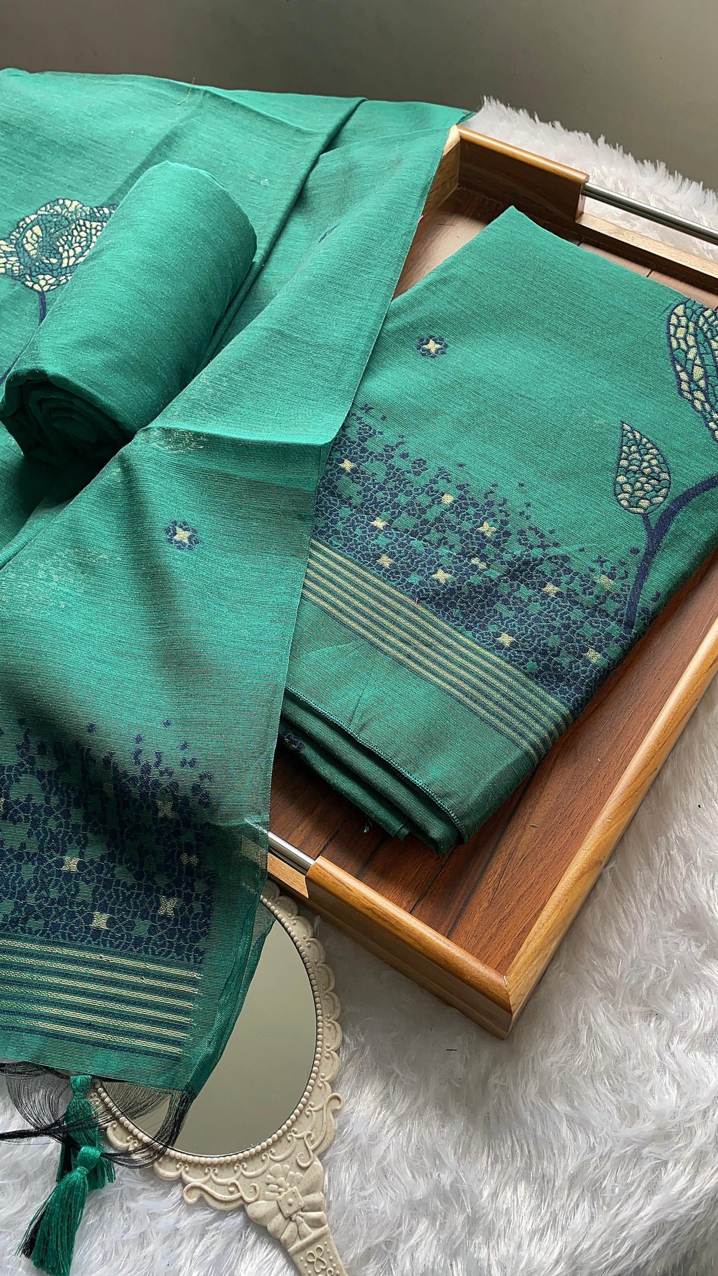 Solstice Teal Muga Cotton Jamdani Unstitched Suit Set