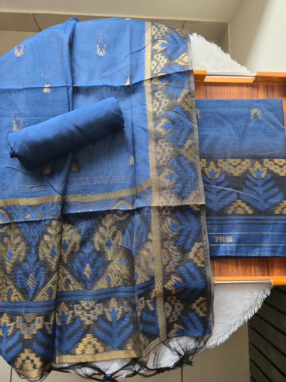 Lumière Navy Blue Soft Cotton Unstitched Suit Set