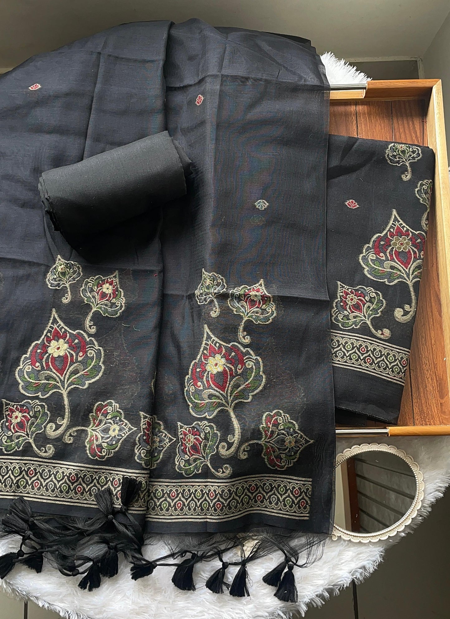 Noelle Black Muga Cotton Unstitched Suit Set
