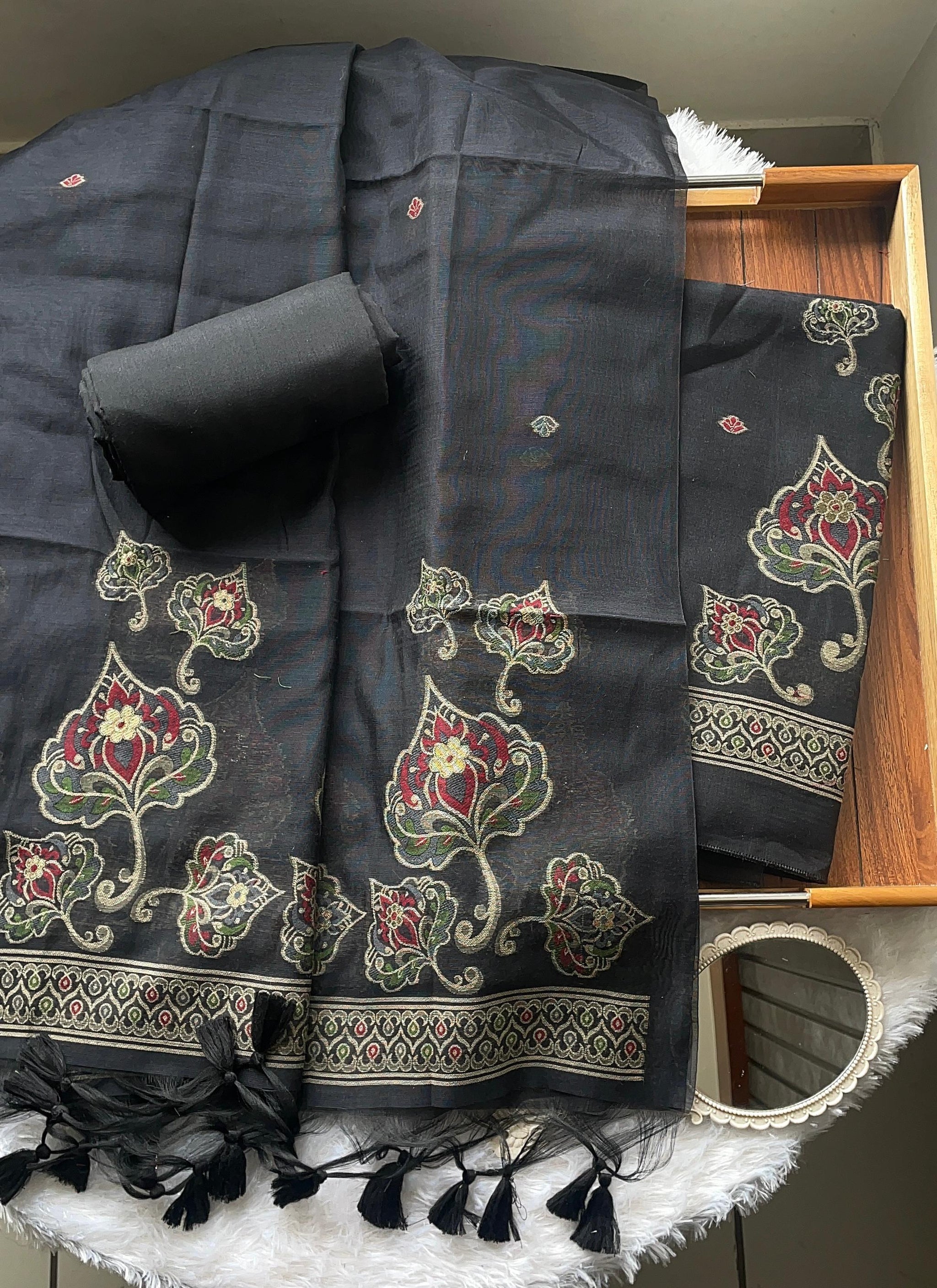 Noelle Black Muga Cotton Unstitched Suit Set