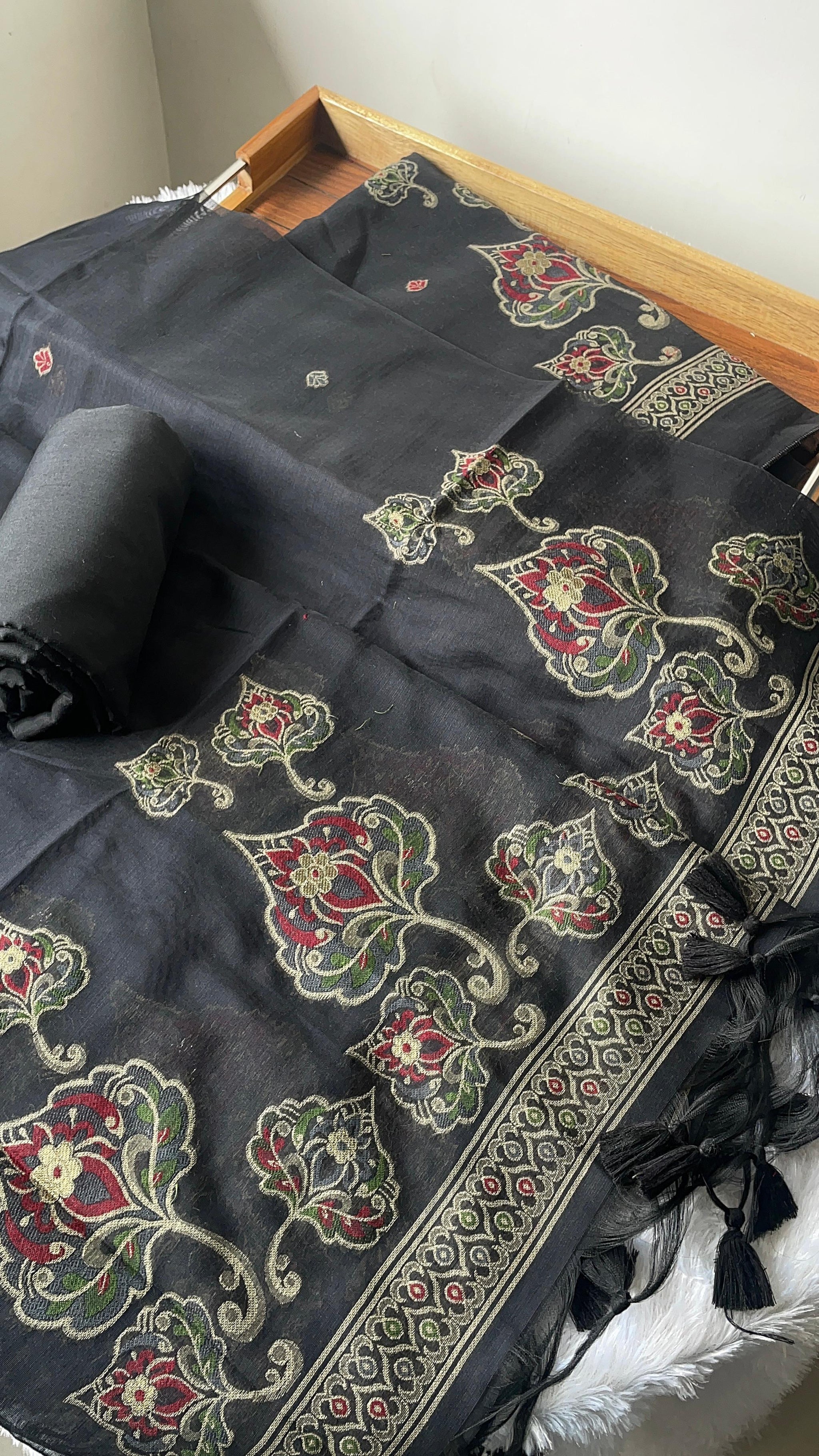 Noelle Black Muga Cotton Unstitched Suit Set