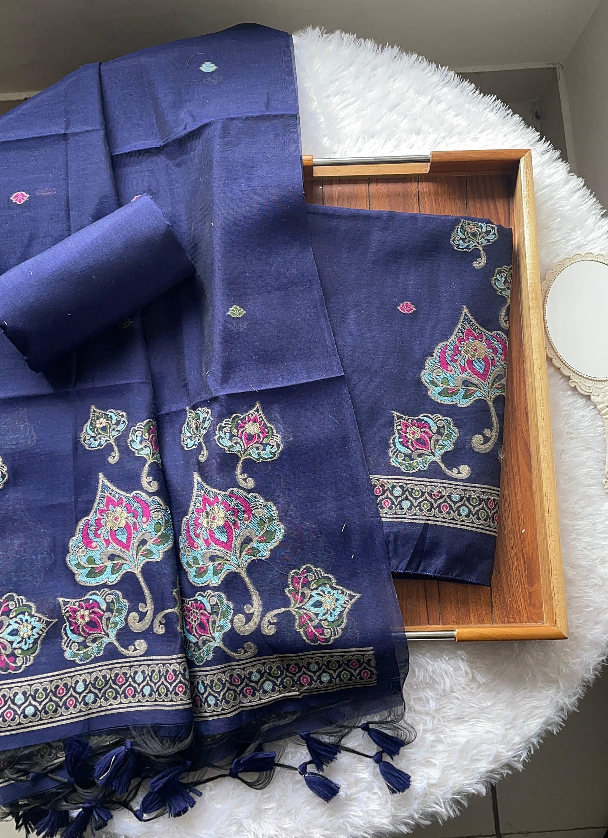 Noelle Navy Muga Cotton Unstitched Suit Set