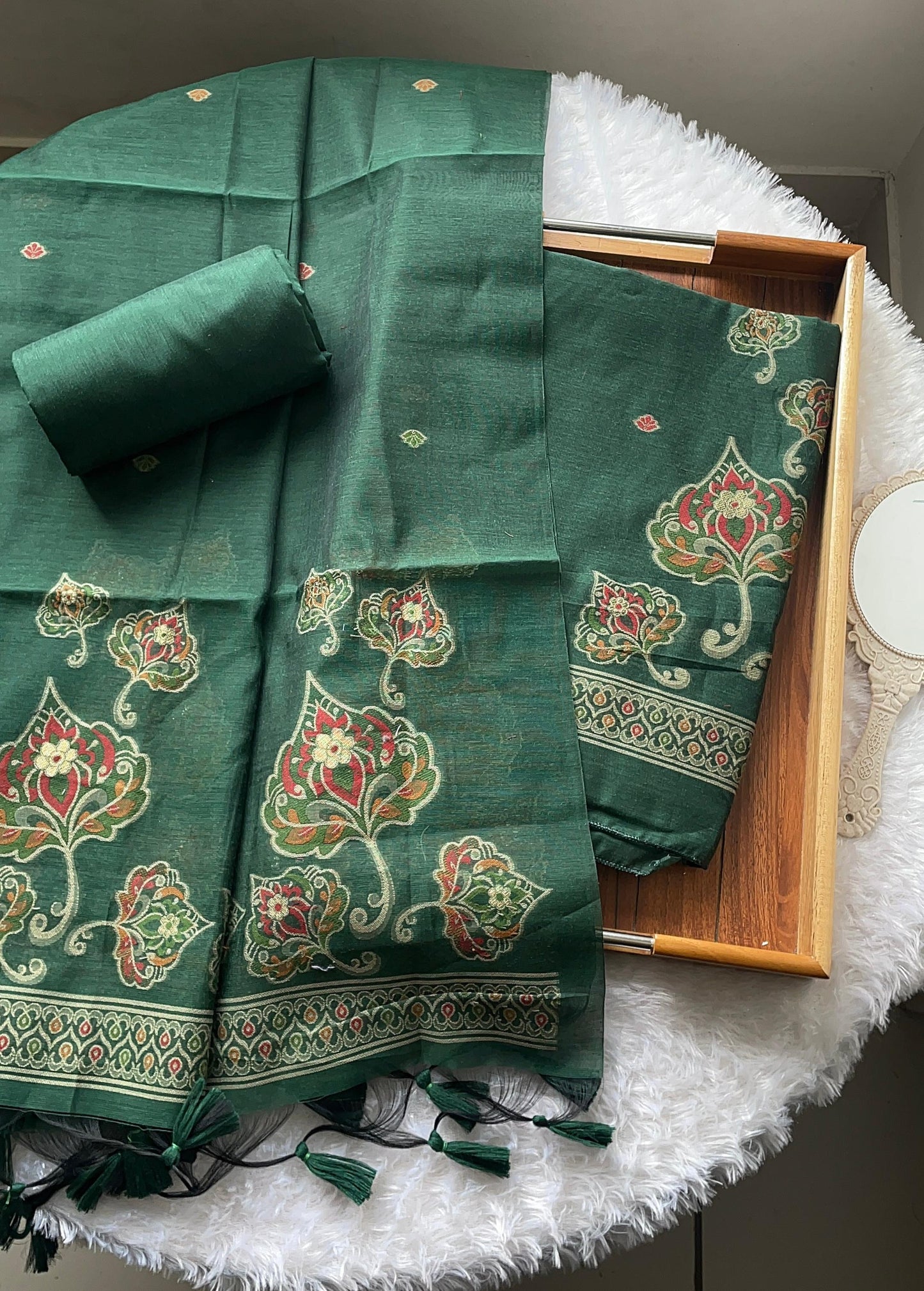 Noelle Green Muga Cotton Unstitched Suit Set