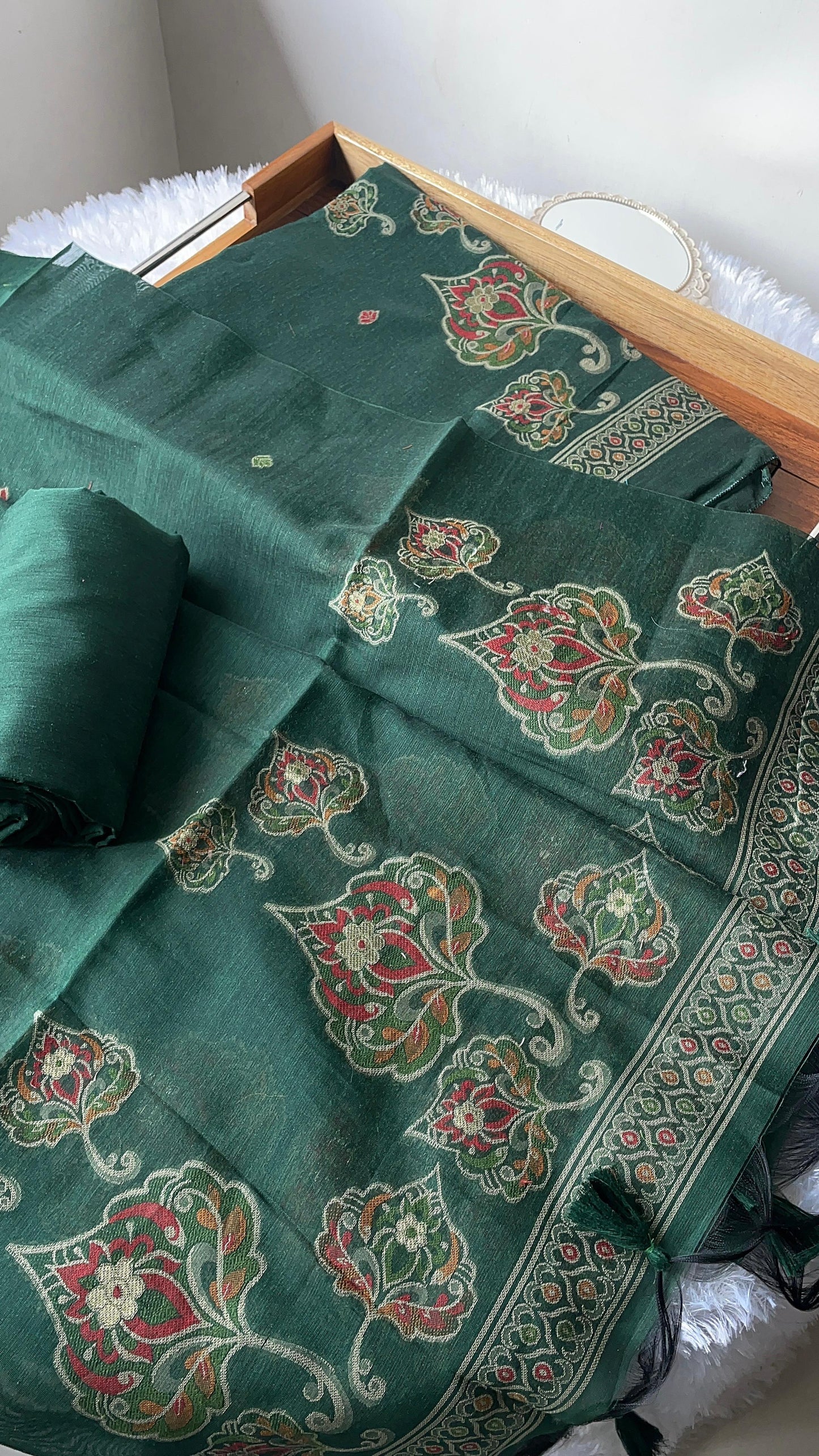 Noelle Green Muga Cotton Unstitched Suit Set