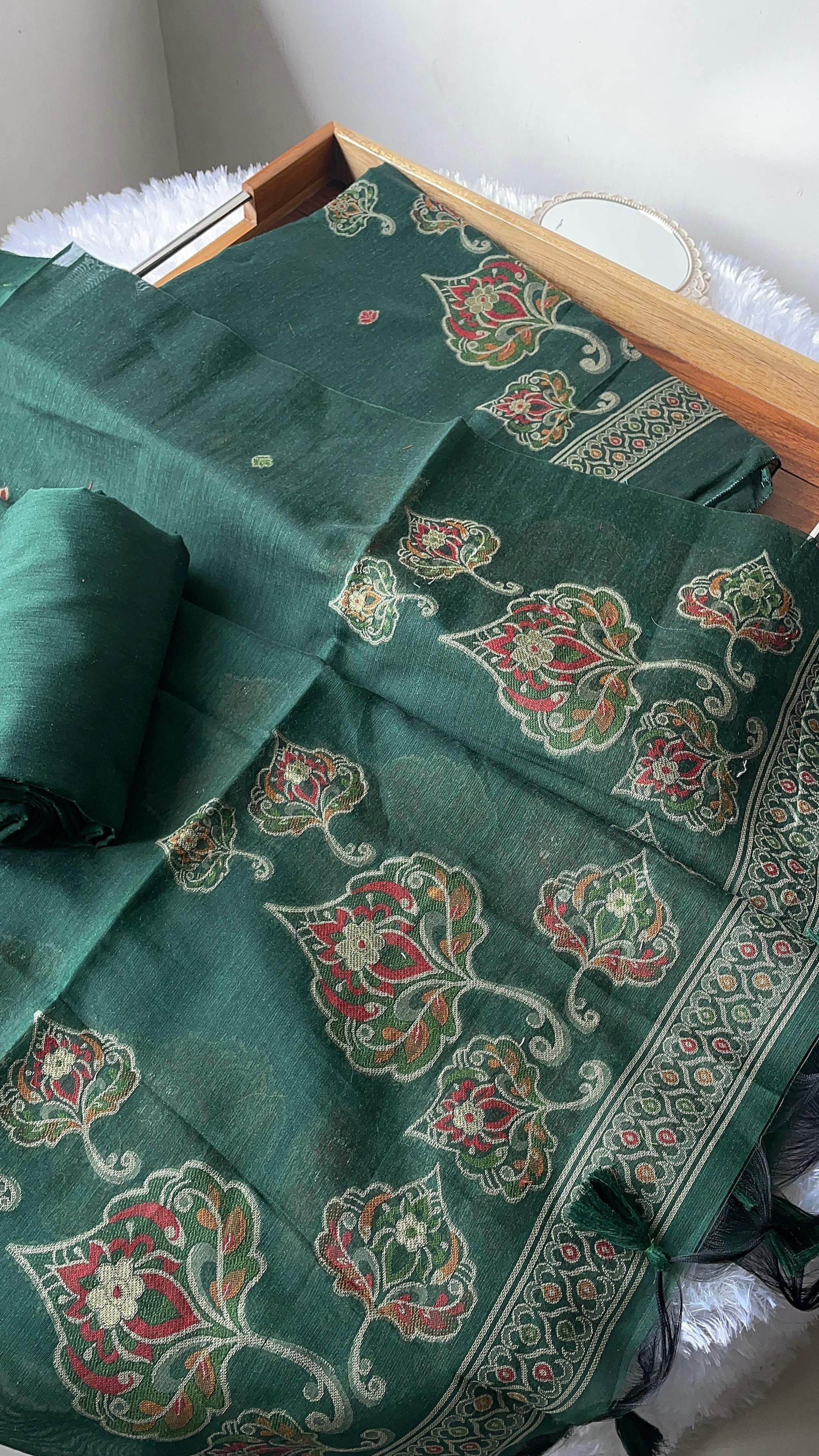 Noelle Green Muga Cotton Unstitched Suit Set