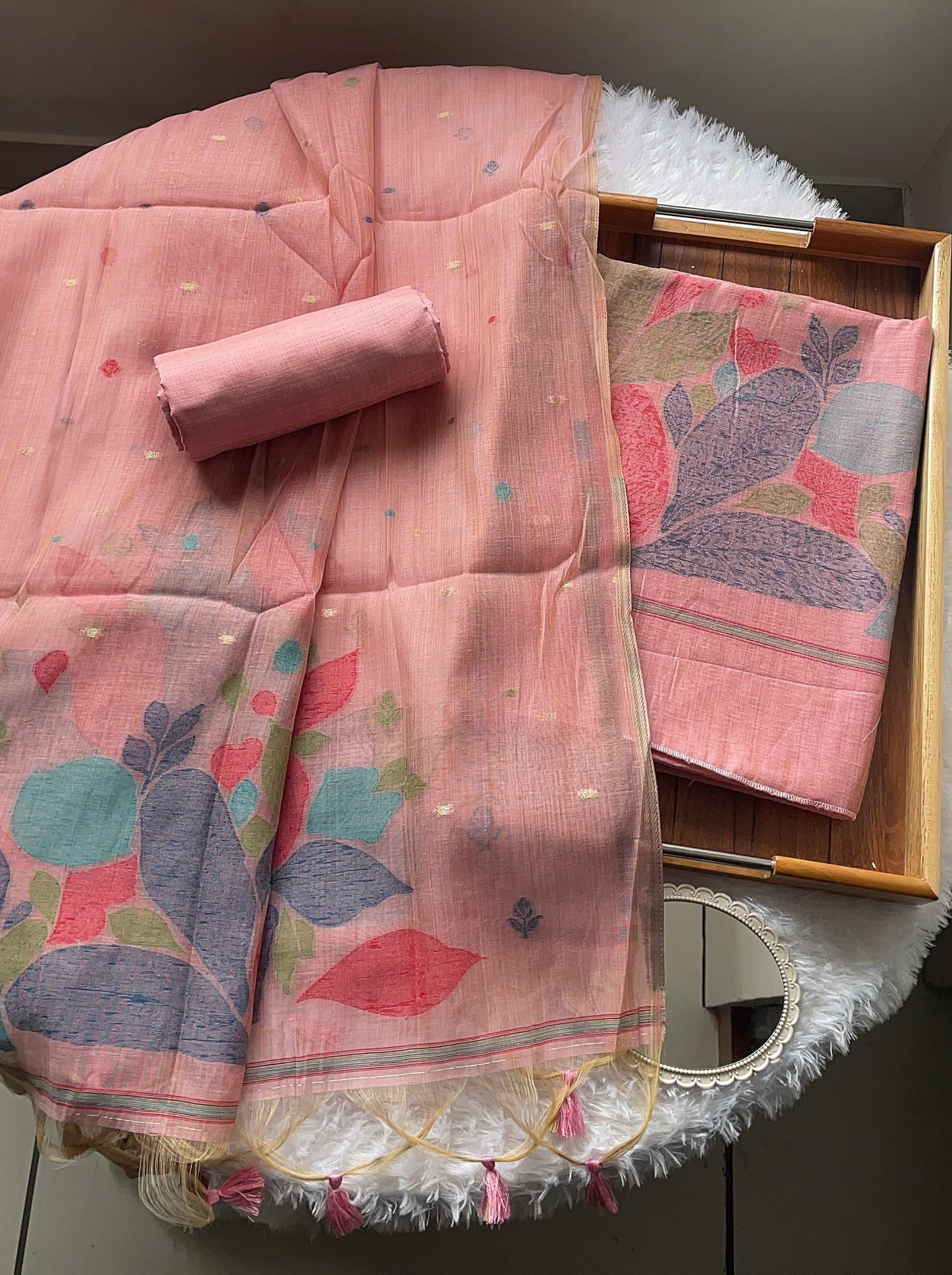 Mirage Mist Pink Muga Cotton Unstitched Suit Set