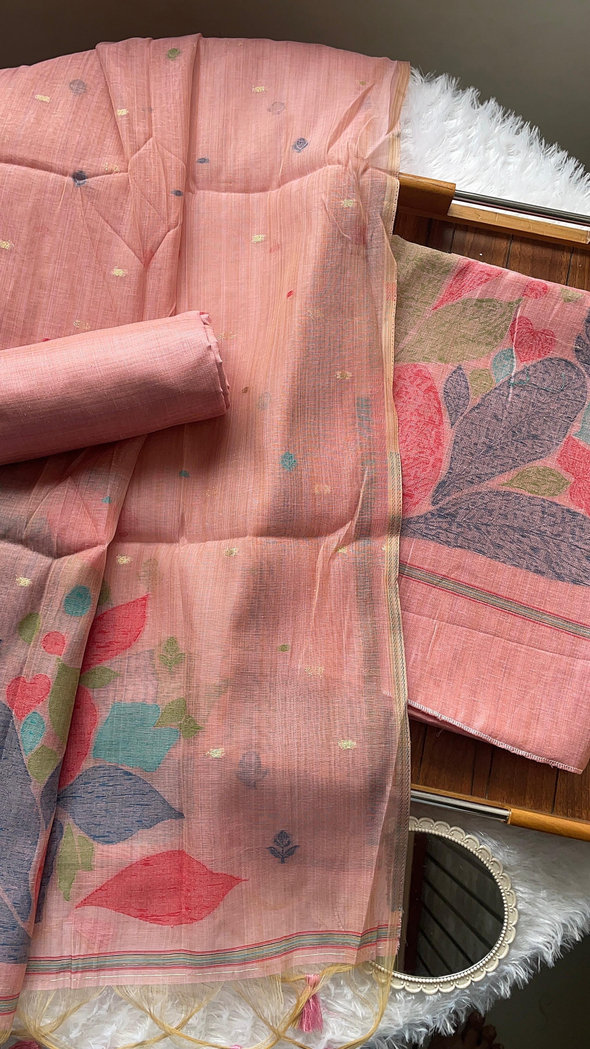 Mirage Mist Pink Muga Cotton Unstitched Suit Set