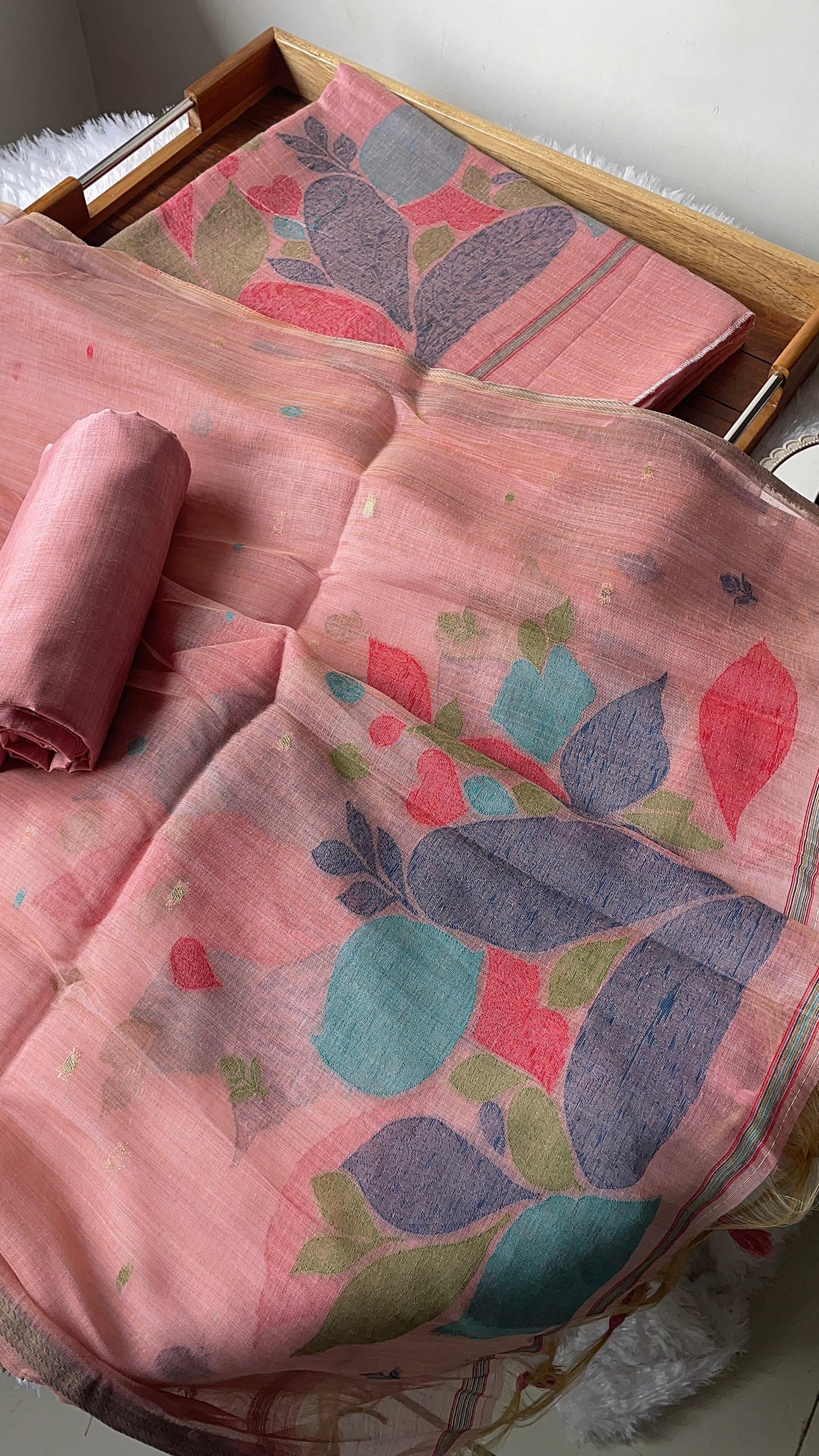 Mirage Mist Pink Muga Cotton Unstitched Suit Set