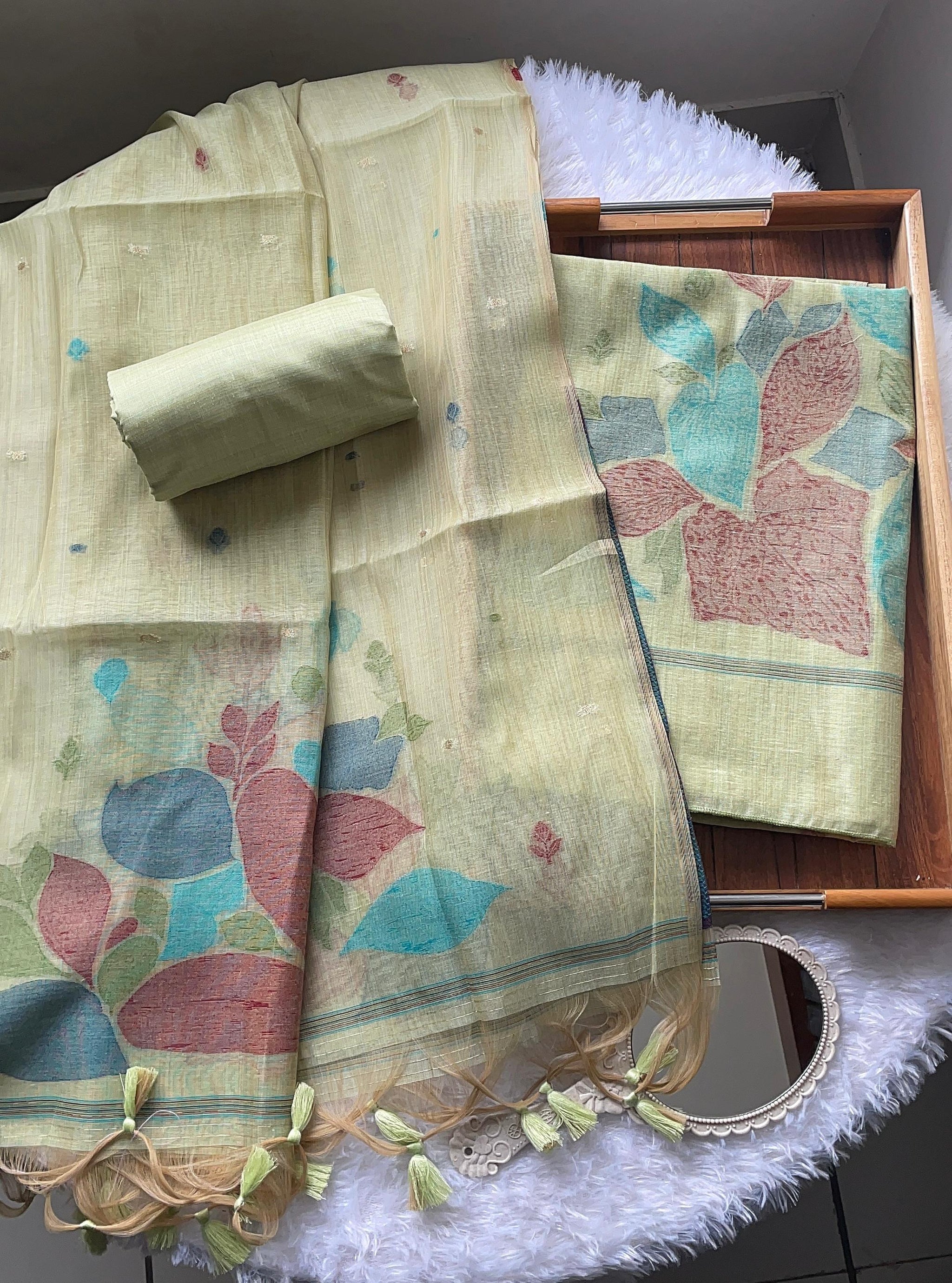 Mirage Mist Pista Green Muga Cotton Unstitched Suit Set