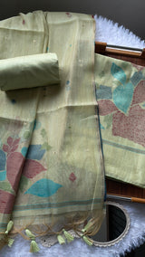 Mirage Mist Pista Green Muga Cotton Unstitched Suit Set