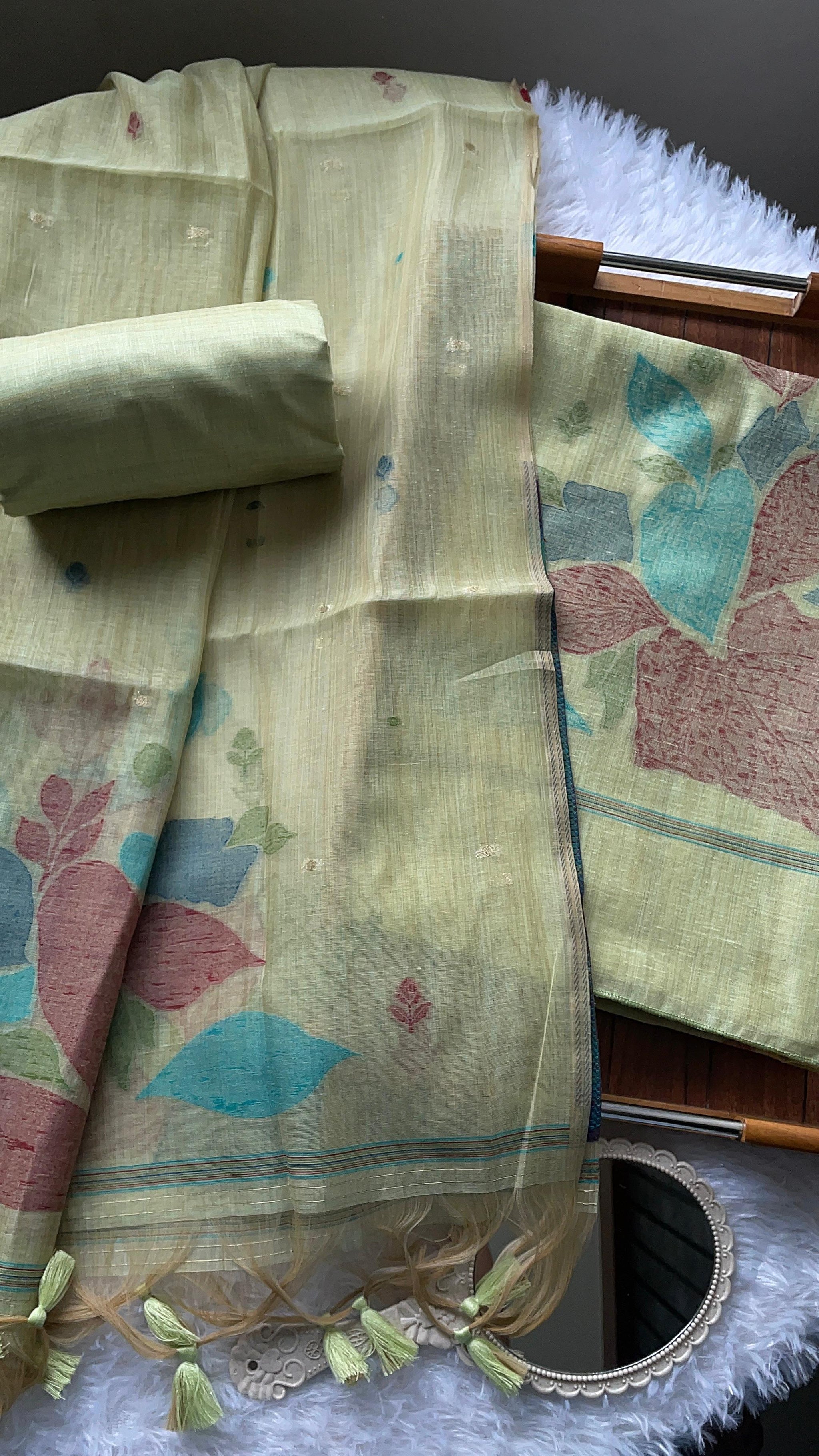 Mirage Mist Pista Green Muga Cotton Unstitched Suit Set