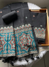 Aveline Black Ajrakh Muga Cotton Unstitched Suit Set