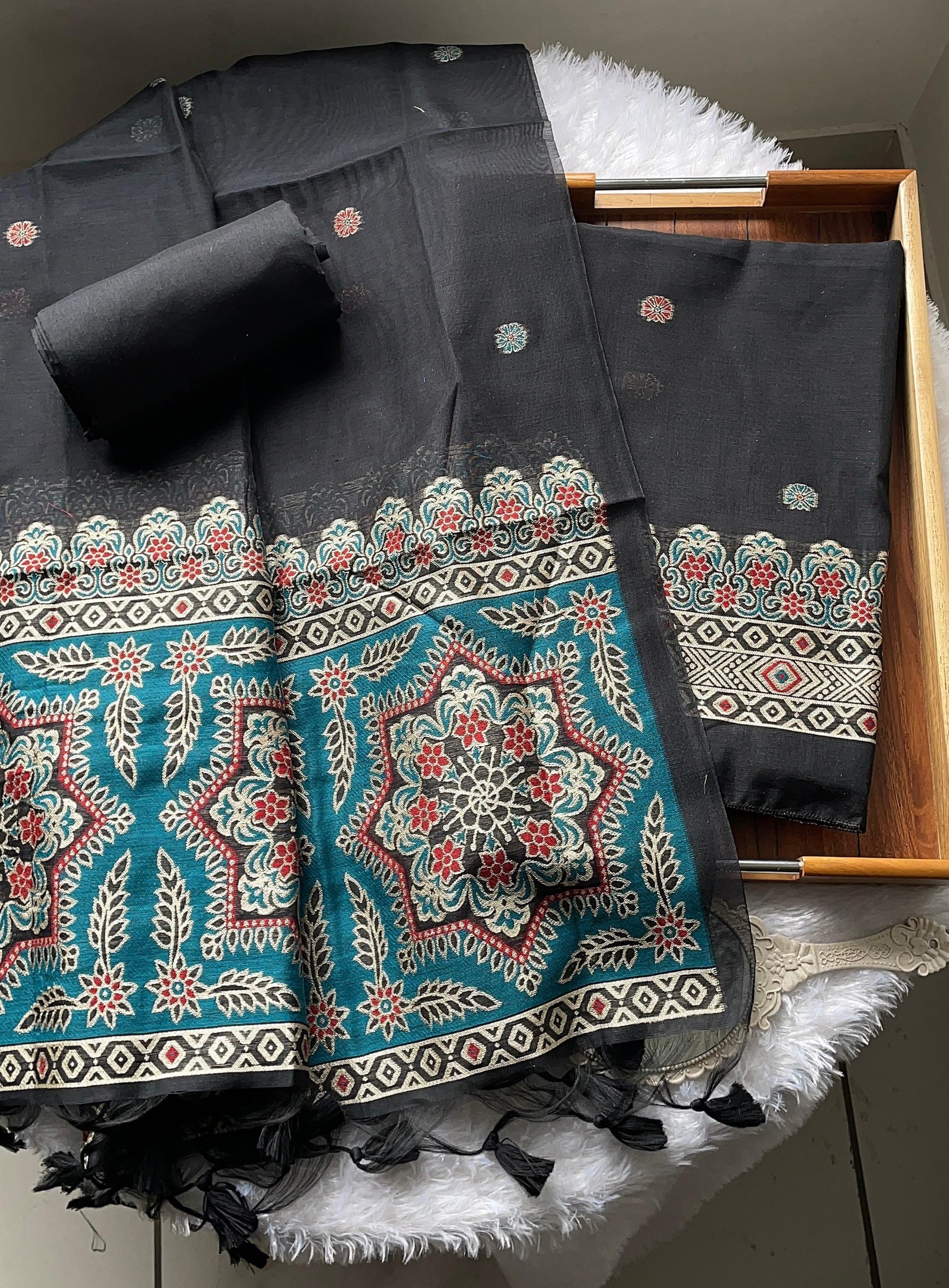 Aveline Black Ajrakh Muga Cotton Unstitched Suit Set