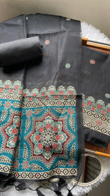 Aveline Black Ajrakh Muga Cotton Unstitched Suit Set