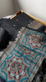Aveline Black Ajrakh Muga Cotton Unstitched Suit Set