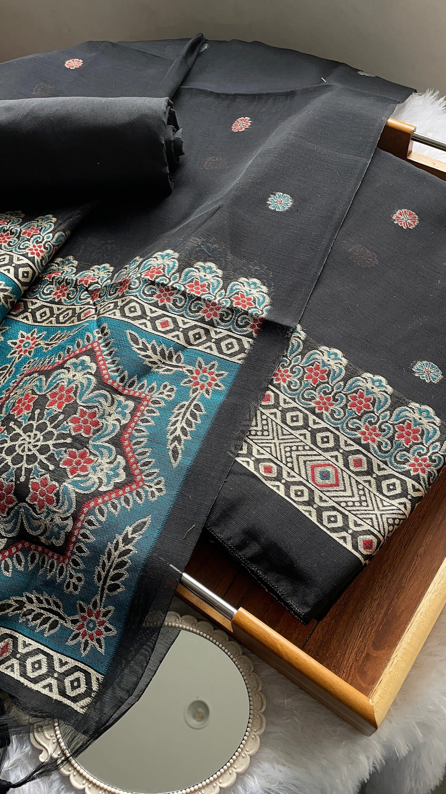Aveline Black Ajrakh Muga Cotton Unstitched Suit Set
