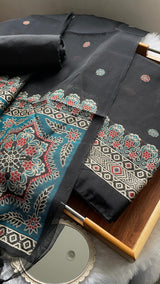 Aveline Black Ajrakh Muga Cotton Unstitched Suit Set