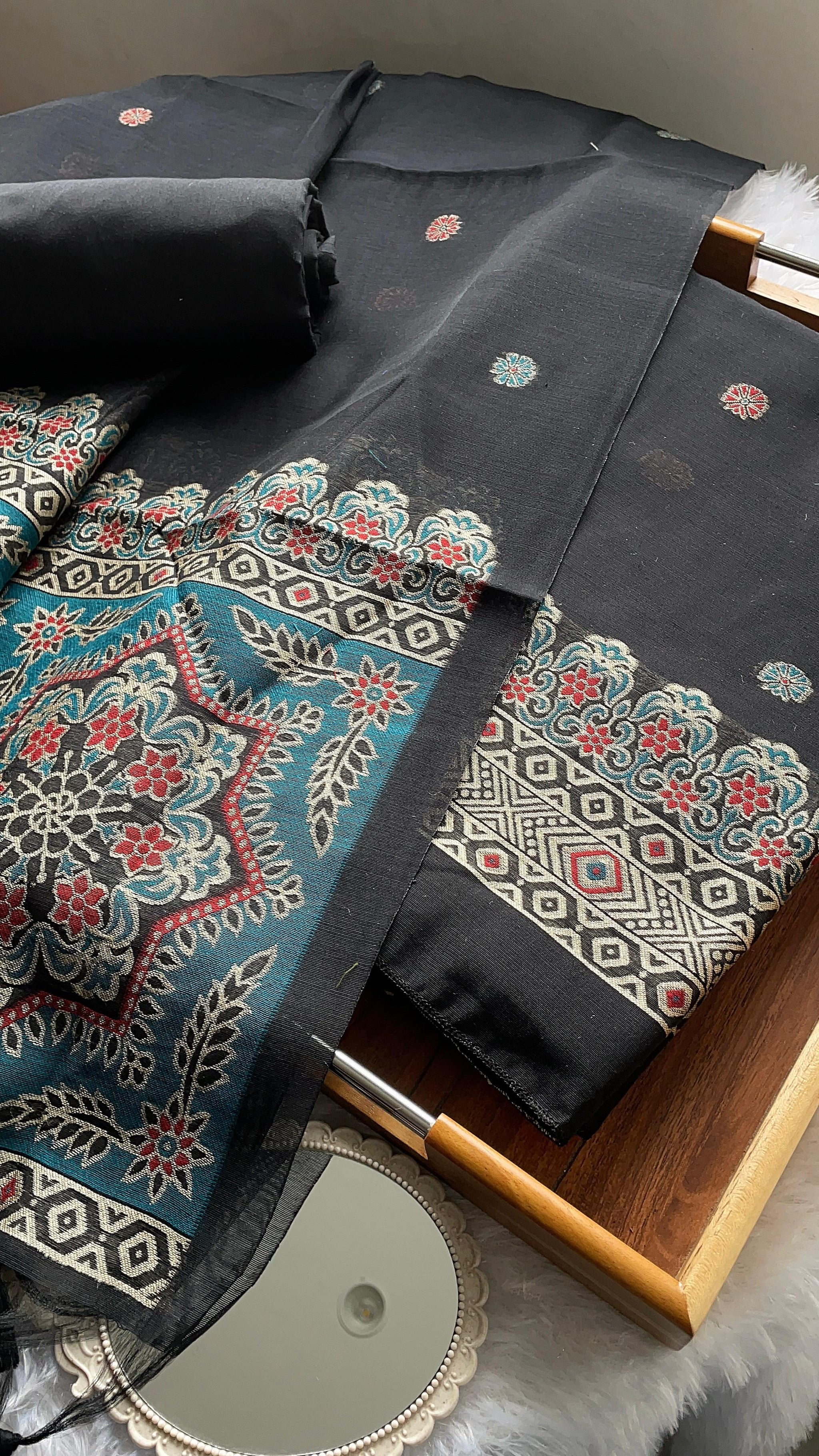 Aveline Black Ajrakh Muga Cotton Unstitched Suit Set