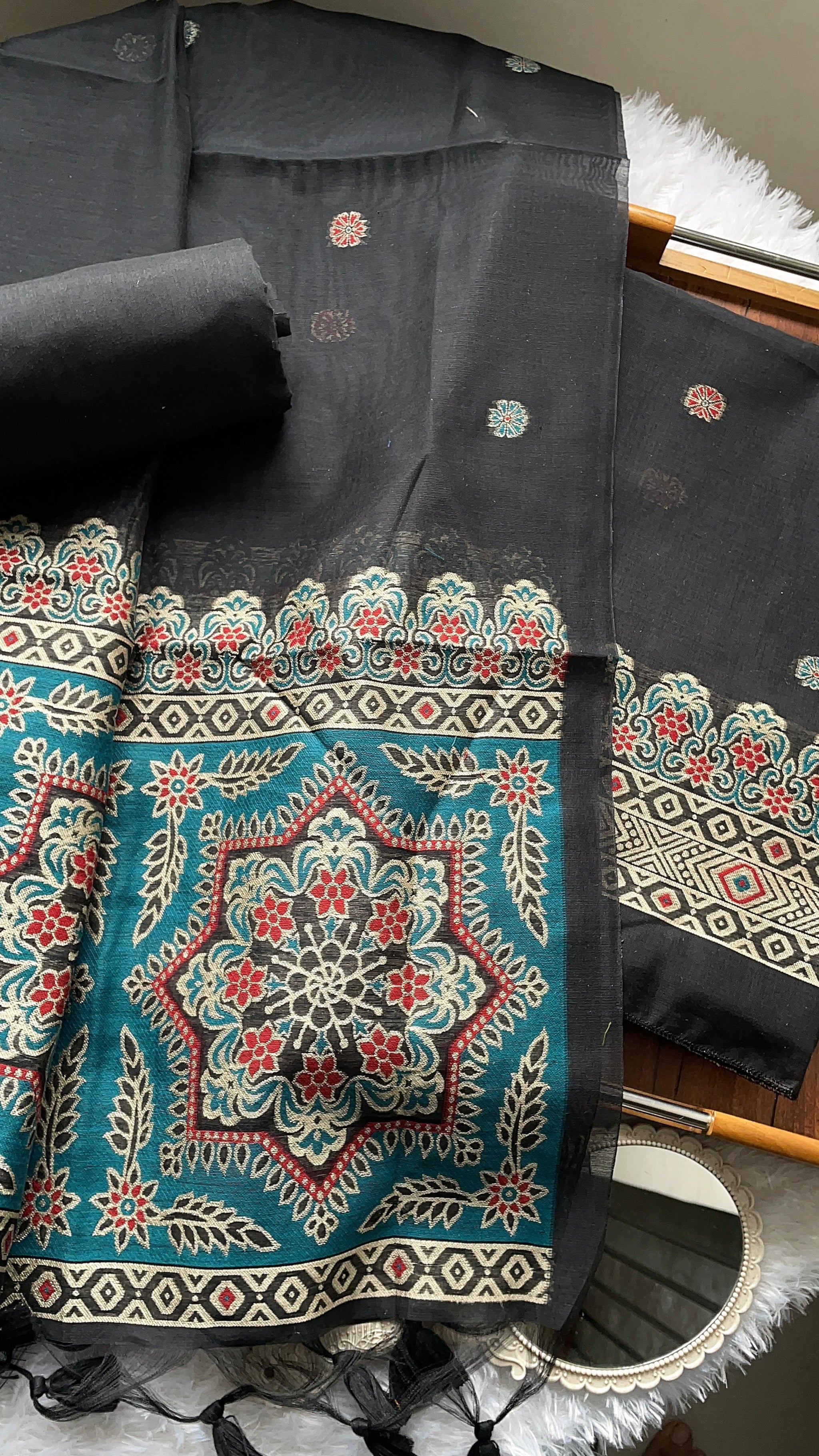 Aveline Black Ajrakh Muga Cotton Unstitched Suit Set