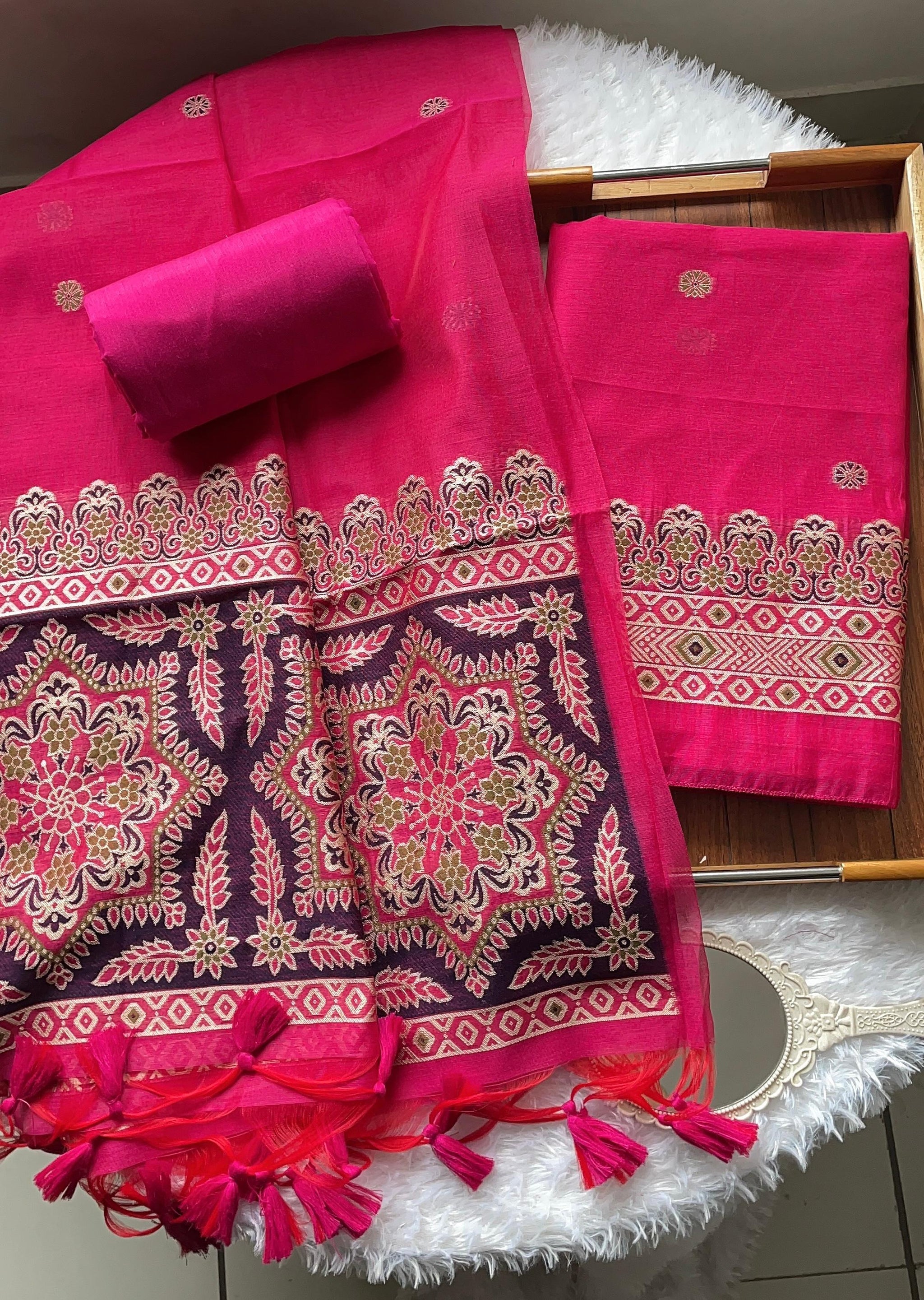Aveline Pink Ajrakh Muga Cotton Unstitched Suit Set
