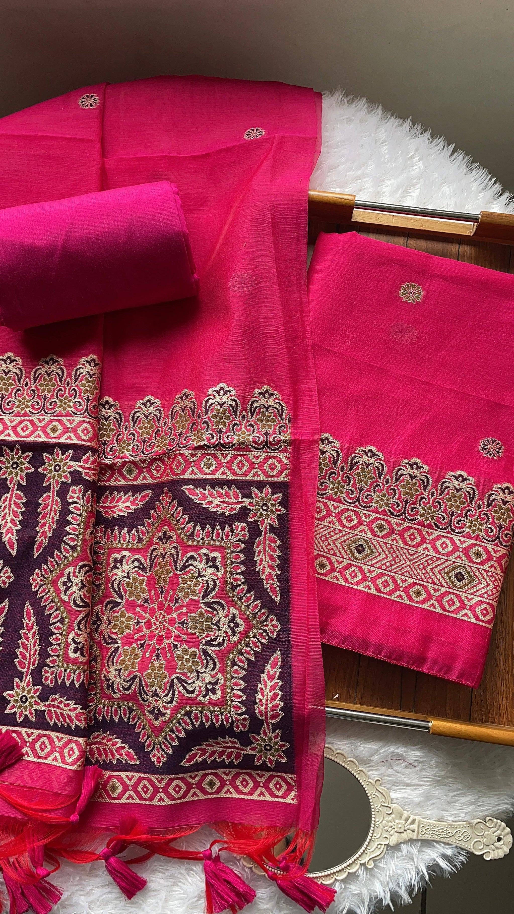 Aveline Pink Ajrakh Muga Cotton Unstitched Suit Set