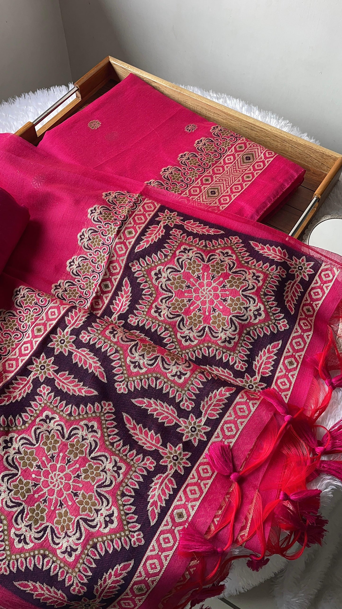 Aveline Pink Ajrakh Muga Cotton Unstitched Suit Set